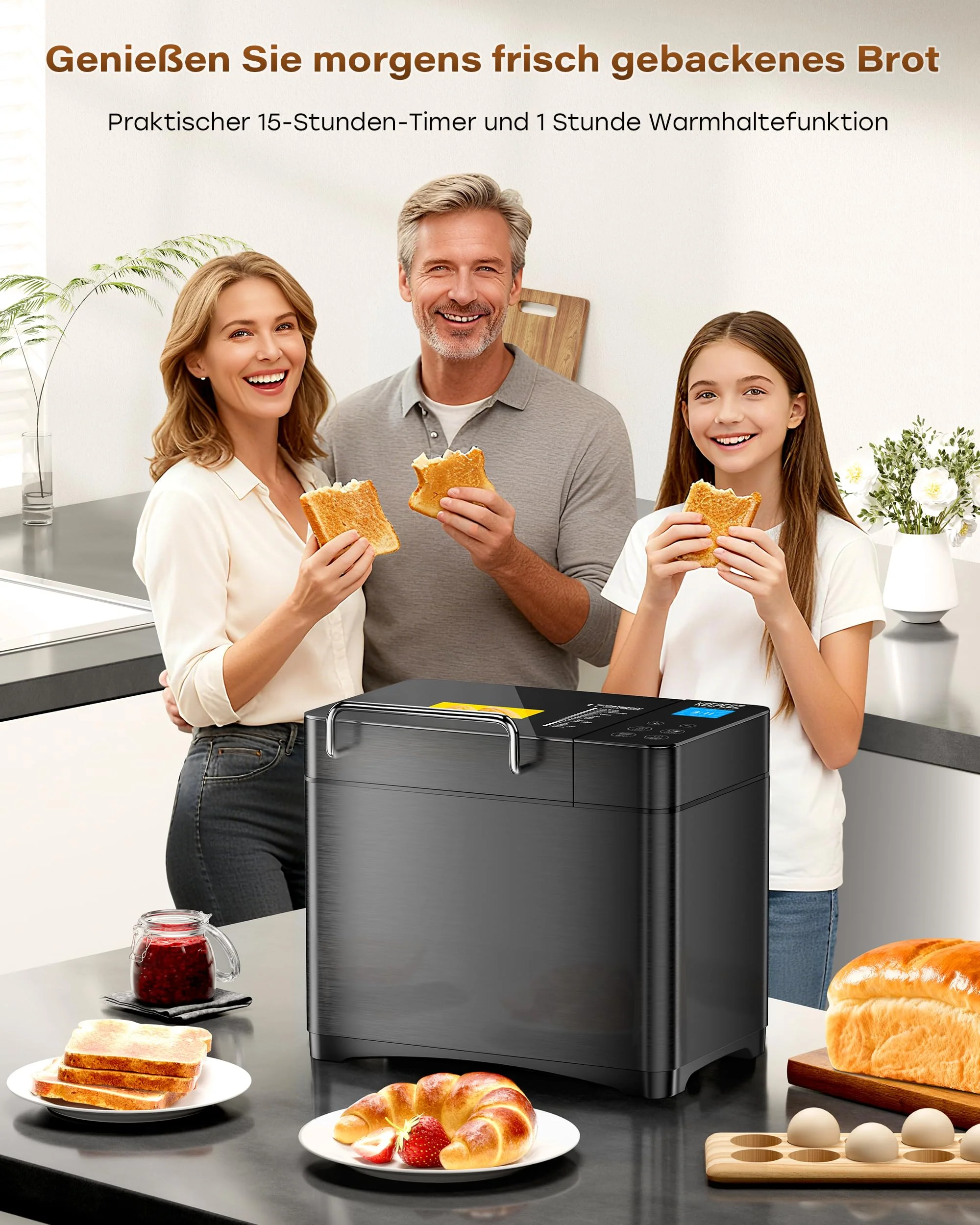 KEEPEEZ Pro 17-in-1 Vollautomatische Edelstahl Brotbackautomat mit Gesundem Keramik-Brotpfanne, 710W Konvektions-Brotmaschine, 1kg-Kapazität, Automatischem Nuss-Dispenser, Intelligentes Touchpanel - Image 3