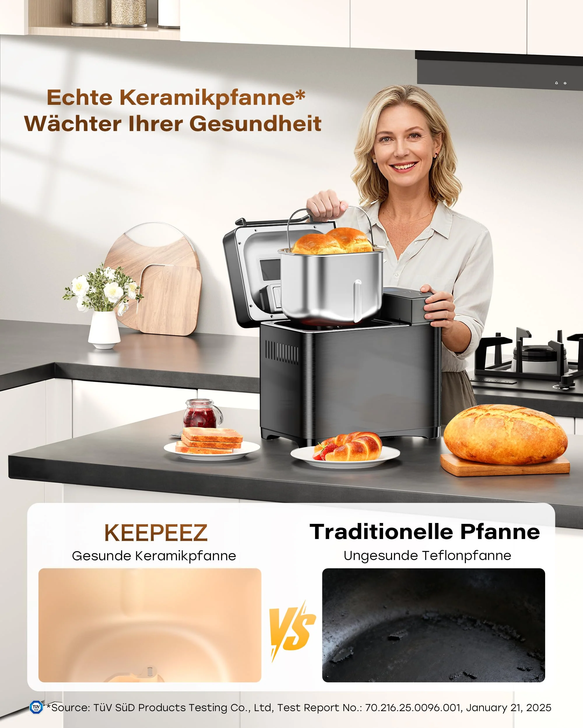 KEEPEEZ Pro 17-in-1 Vollautomatische Edelstahl Brotbackautomat mit Gesundem Keramik-Brotpfanne, 710W Konvektions-Brotmaschine, 1kg-Kapazität, Automatischem Nuss-Dispenser, Intelligentes Touchpanel - Image 4