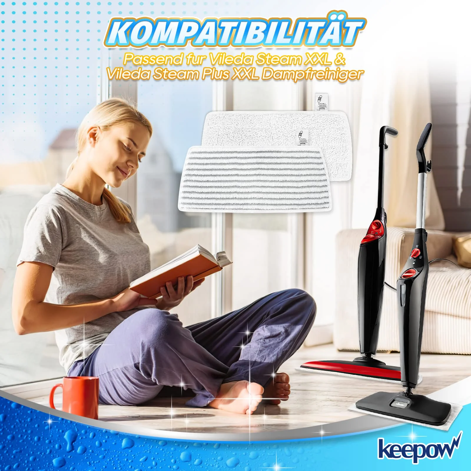 KEEPOW 3er für Vileda Dampfreiniger Ersatzbezüge, Waschbar Kompatibel Mit Vileda Steam PLUS XXL Dampfreiniger Ersatzbezüge, Mikrofaser für Vileda Steam XXL Dampfreiniger Ersatzbezüge (2 Weiß + 1Grau) - Image 7