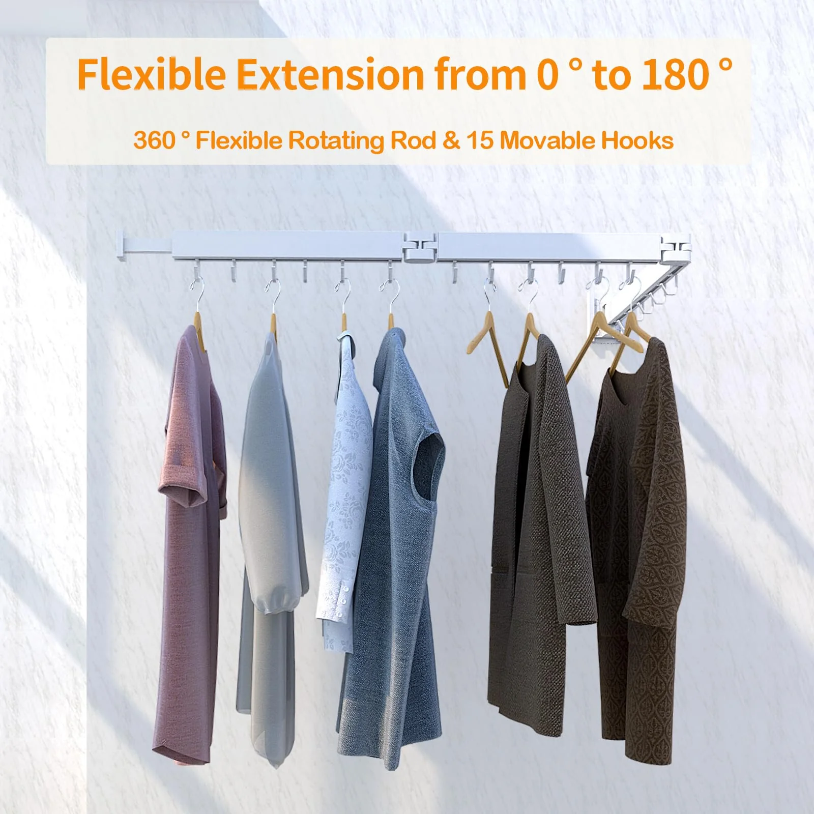 Kelisiting Wäscheständer Wandmontage, 3-Fold Wand Wäschetrockner ausziehbar, 120 cm/ 50 Inch gefaltet Ausziehbarer Wandmontage für kleine Haushalte, Platzsparend-150 LBS Tragkraft - Weiß - Image 5