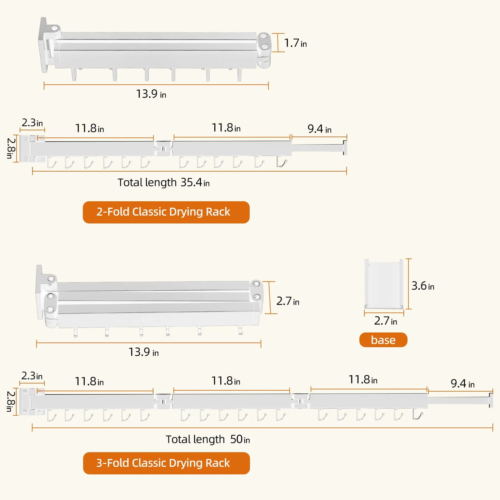 Kelisiting Wäscheständer Wandmontage, 3-Fold Wand Wäschetrockner ausziehbar, 120 cm/ 50 Inch gefaltet Ausziehbarer Wandmontage für kleine Haushalte, Platzsparend-150 LBS Tragkraft - Weiß - Image 6