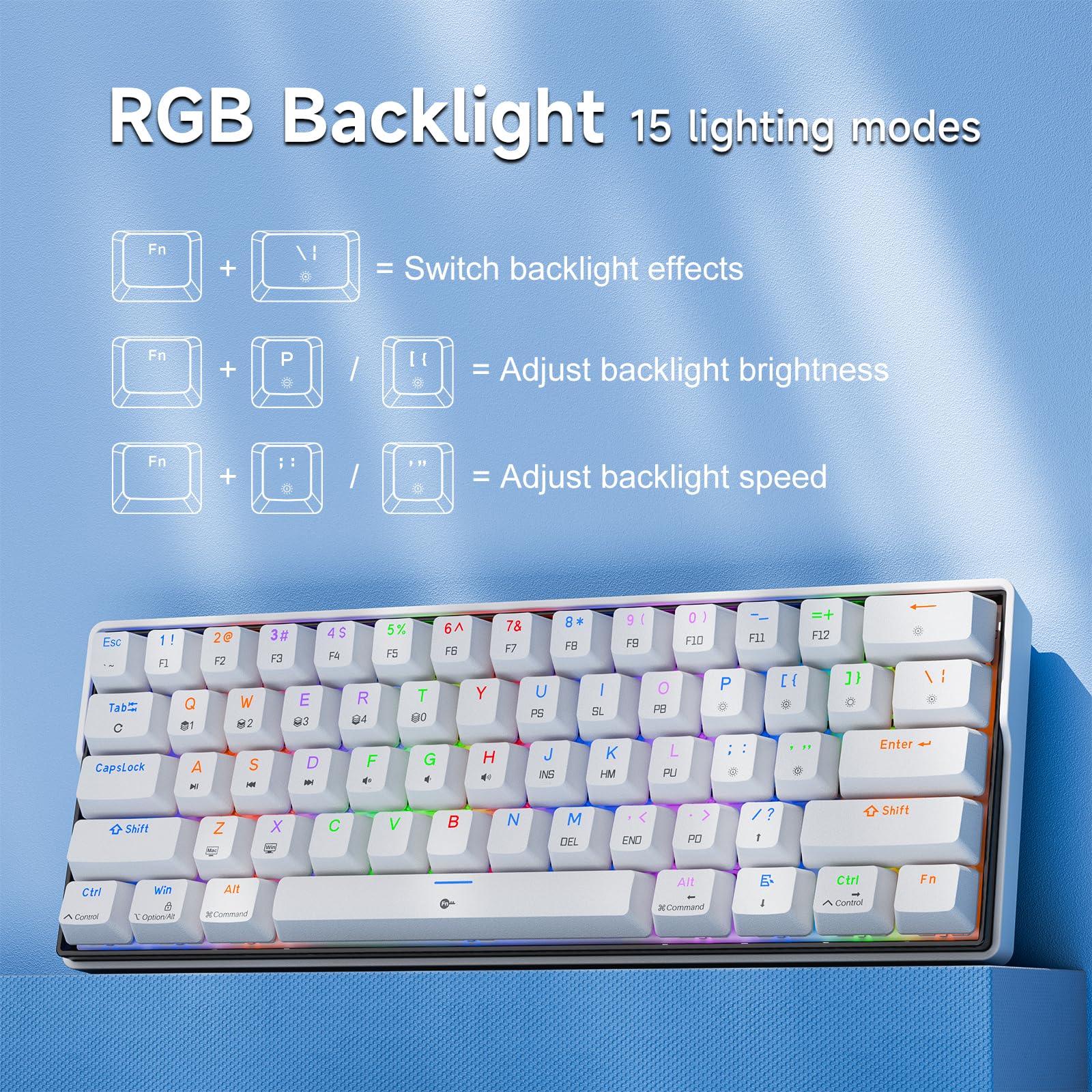 KEMOVE K61SE Gaming Tastatur, 60% Mechanische Tastatur mit Blauen Clicky Switches, RGB-Hintergrundbeleuchtung, Anti-Ghosting, Ultra-Kompakt 61 Tasten US-Layout, für PC Windows Gamer Typist, Weiß - Image 4