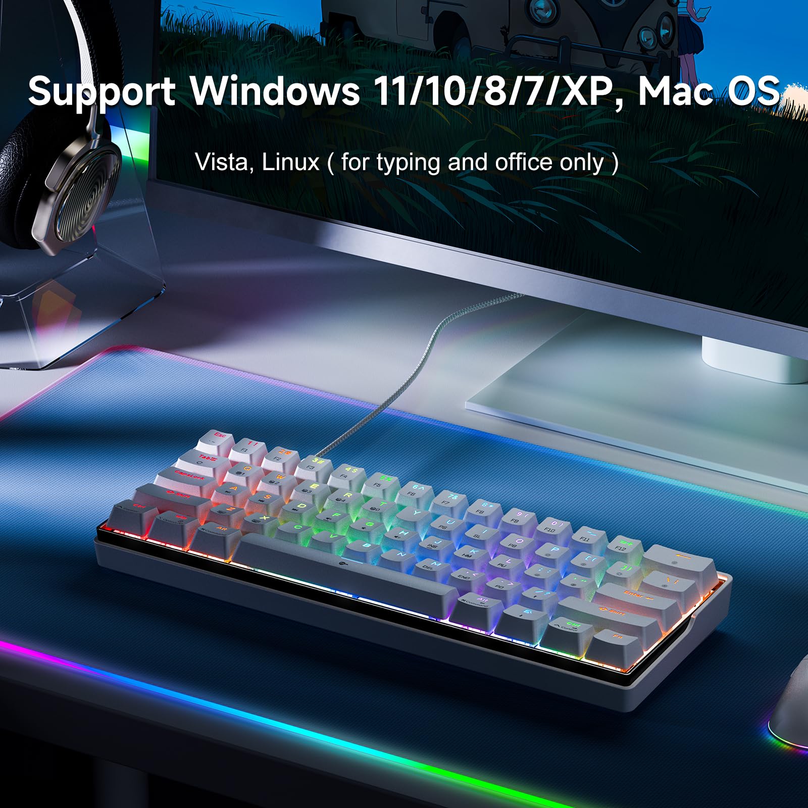 KEMOVE K61SE Gaming Tastatur, 60% Mechanische Tastatur mit Blauen Clicky Switches, RGB-Hintergrundbeleuchtung, Anti-Ghosting, Ultra-Kompakt 61 Tasten US-Layout, für PC Windows Gamer Typist, Weiß - Image 7