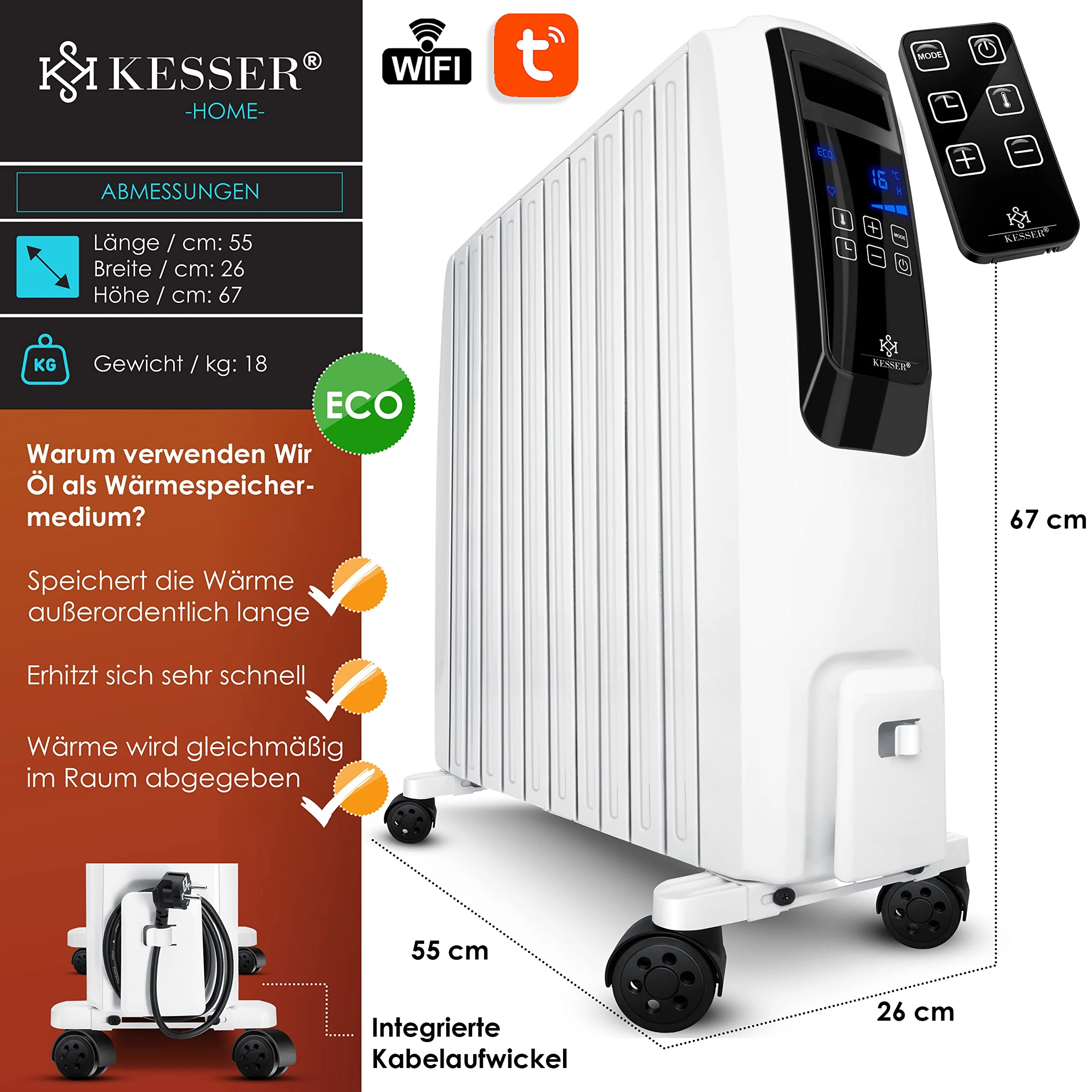 KESSER® 2500W Ölradiator mit WiFi App & Fernbedienung digitalem Display- elektrischer energiesparender Heizkörper mit 10 Rippen, Timer Zeitschaltuhr, 4 Heizstufen, Thermostat, Weiß - Image 4