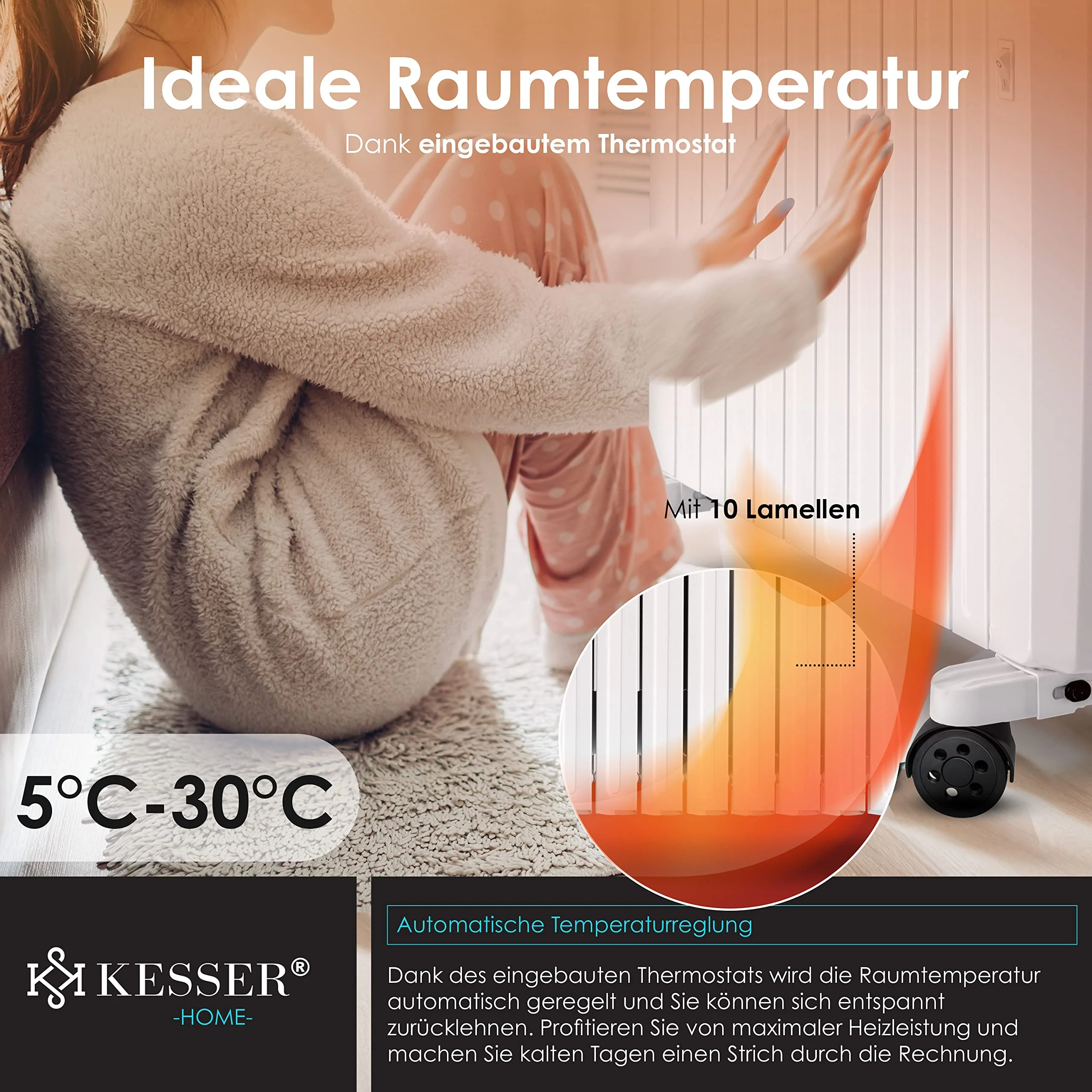 KESSER® 2500W Ölradiator mit WiFi App & Fernbedienung digitalem Display- elektrischer energiesparender Heizkörper mit 10 Rippen, Timer Zeitschaltuhr, 4 Heizstufen, Thermostat, Weiß - Image 5