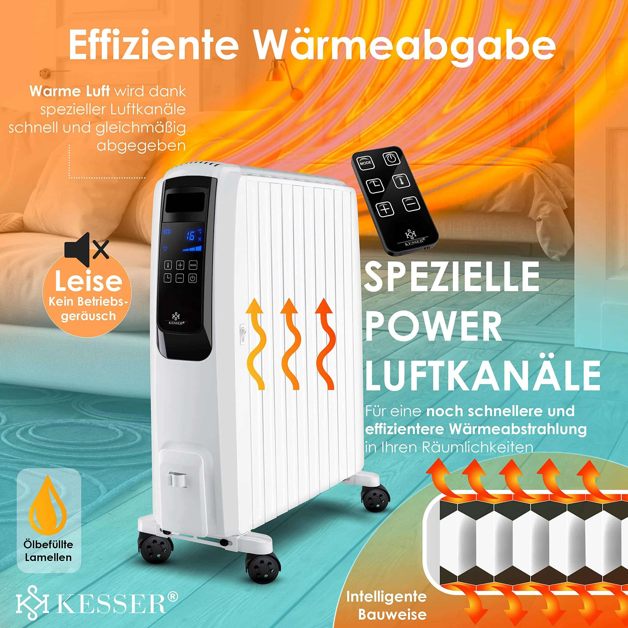 KESSER® 2500W Ölradiator mit WiFi App & Fernbedienung digitalem Display- elektrischer energiesparender Heizkörper mit 10 Rippen, Timer Zeitschaltuhr, 4 Heizstufen, Thermostat, Weiß - Image 7