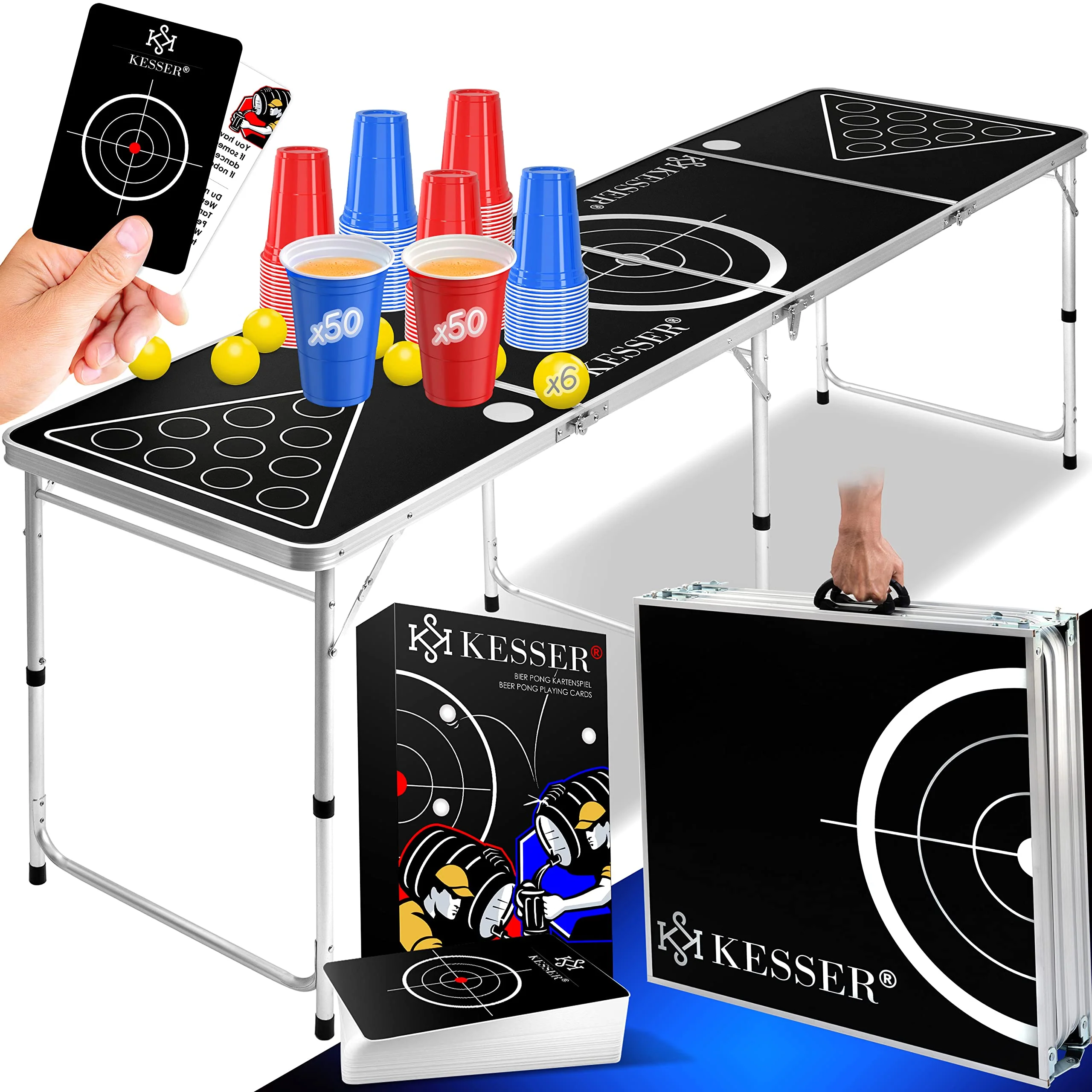 KESSER® Bier Pong Tisch Set mit Kartenspiel Trinkspiel - inkl. 100 Becher (50 Rot & 50 Blau), 6 Bälle + Regelwerk Partyspiele Table Höhenverstellbar KlappbarerClassic + Kartenspiel