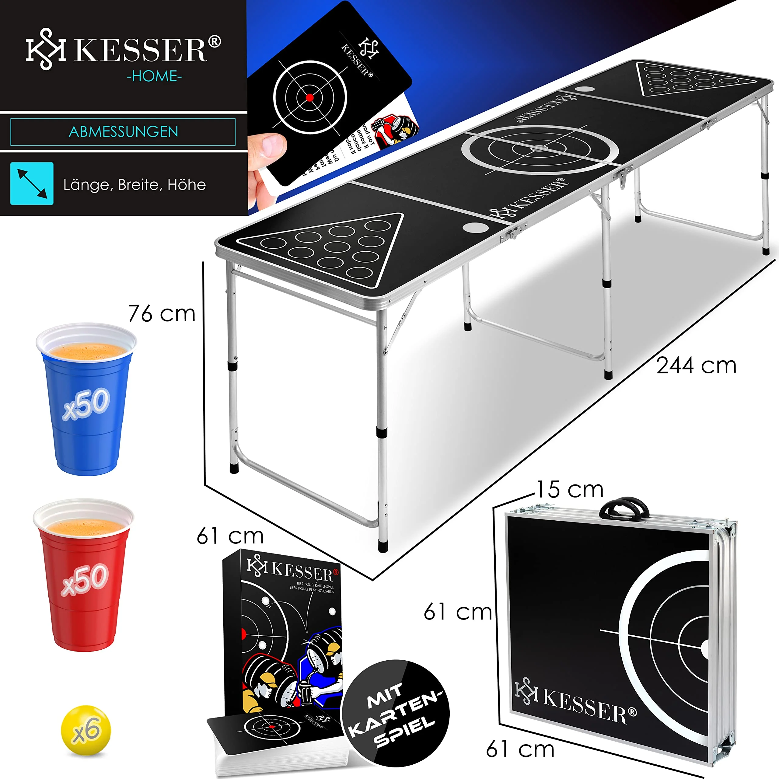 KESSER® Bier Pong Tisch Set mit Kartenspiel Trinkspiel - inkl. 100 Becher (50 Rot & 50 Blau), 6 Bälle + Regelwerk Partyspiele Table Höhenverstellbar KlappbarerClassic + Kartenspiel - Image 4