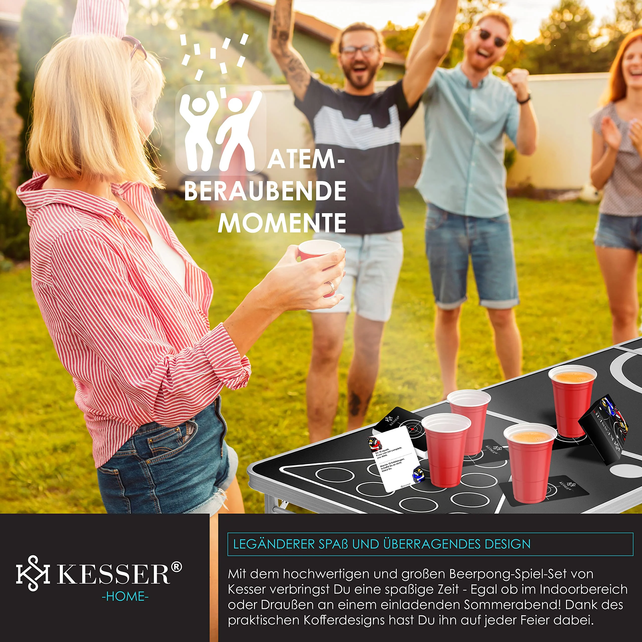 KESSER® Bier Pong Tisch Set mit Kartenspiel Trinkspiel - inkl. 100 Becher (50 Rot & 50 Blau), 6 Bälle + Regelwerk Partyspiele Table Höhenverstellbar KlappbarerClassic + Kartenspiel - Image 6