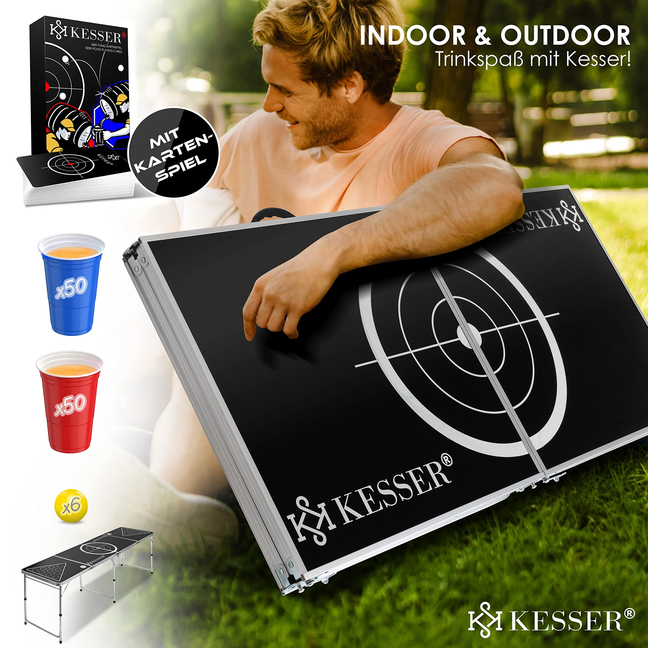 KESSER® Bier Pong Tisch Set mit Kartenspiel Trinkspiel - inkl. 100 Becher (50 Rot & 50 Blau), 6 Bälle + Regelwerk Partyspiele Table Höhenverstellbar KlappbarerClassic + Kartenspiel - Image 9