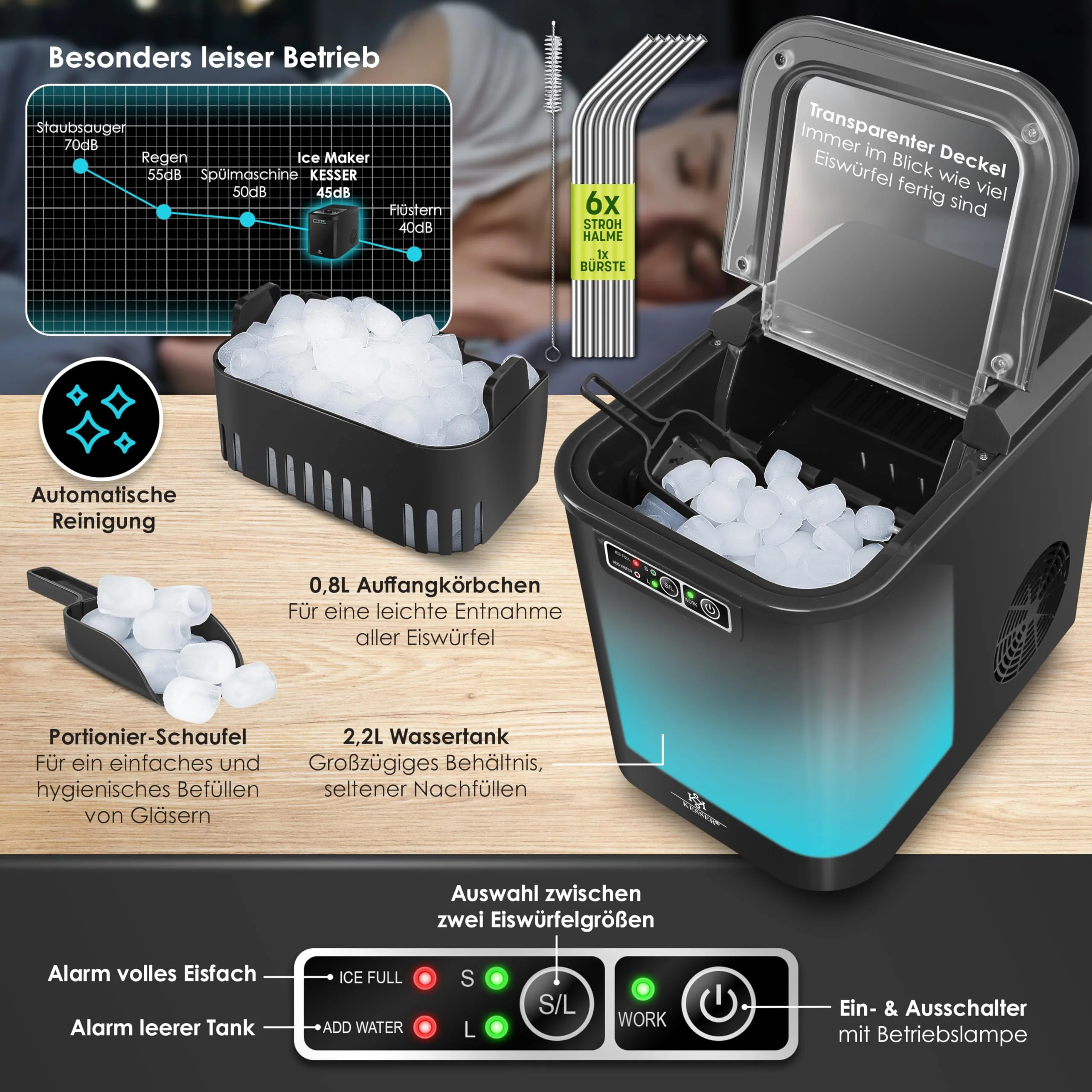 KESSER® Eiswürfelbereiter | Eiswürfelmaschine Edelstahl | Ice Maker | 12 kg 24 h | Zubereitung in 7 min | 2,2 Liter Wassertank | 2 Eiswürfel-Größen | LED-Display | Selbstreinigungsfunktion | Schwarz - Image 2