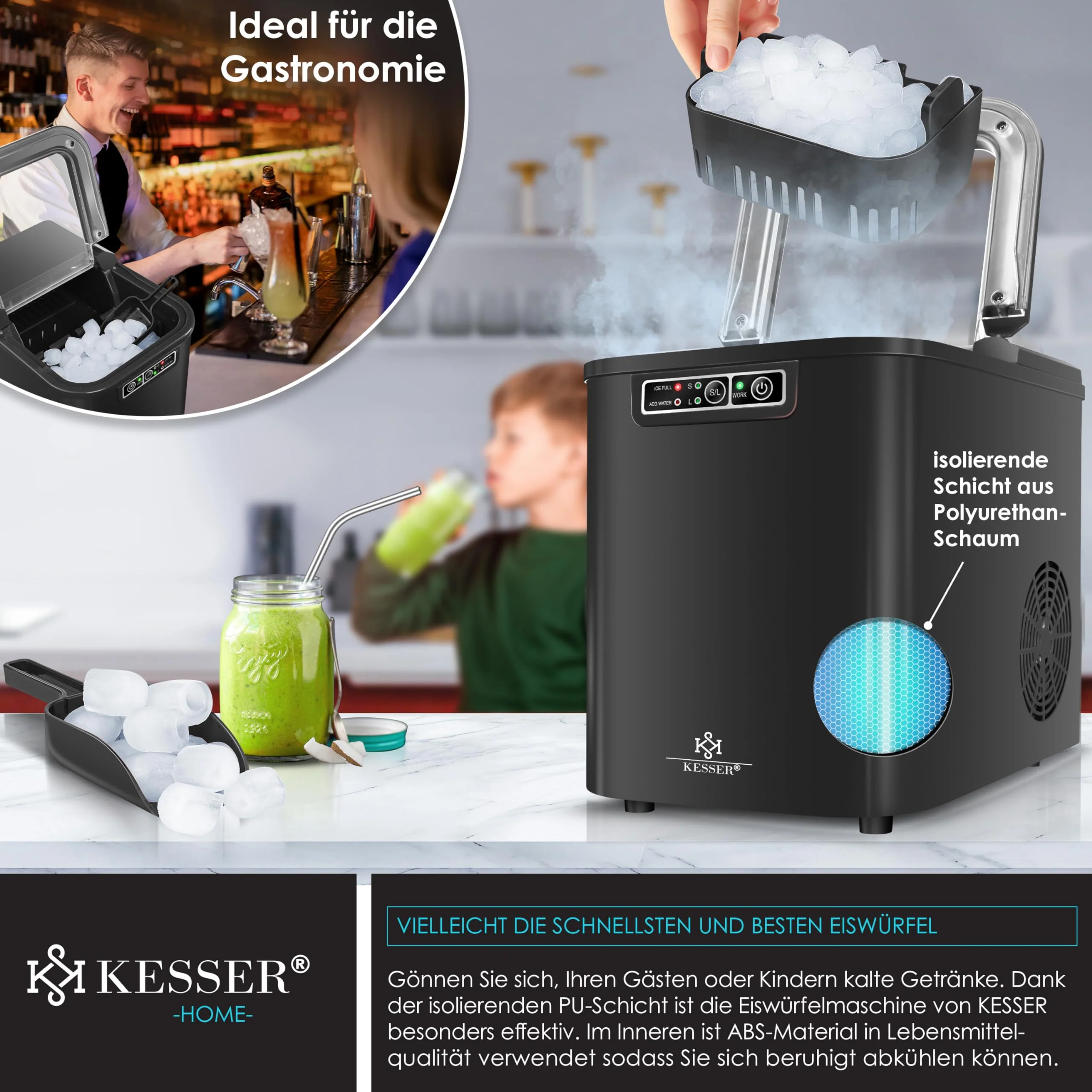 KESSER® Eiswürfelbereiter | Eiswürfelmaschine Edelstahl | Ice Maker | 12 kg 24 h | Zubereitung in 7 min | 2,2 Liter Wassertank | 2 Eiswürfel-Größen | LED-Display | Selbstreinigungsfunktion | Schwarz - Image 3