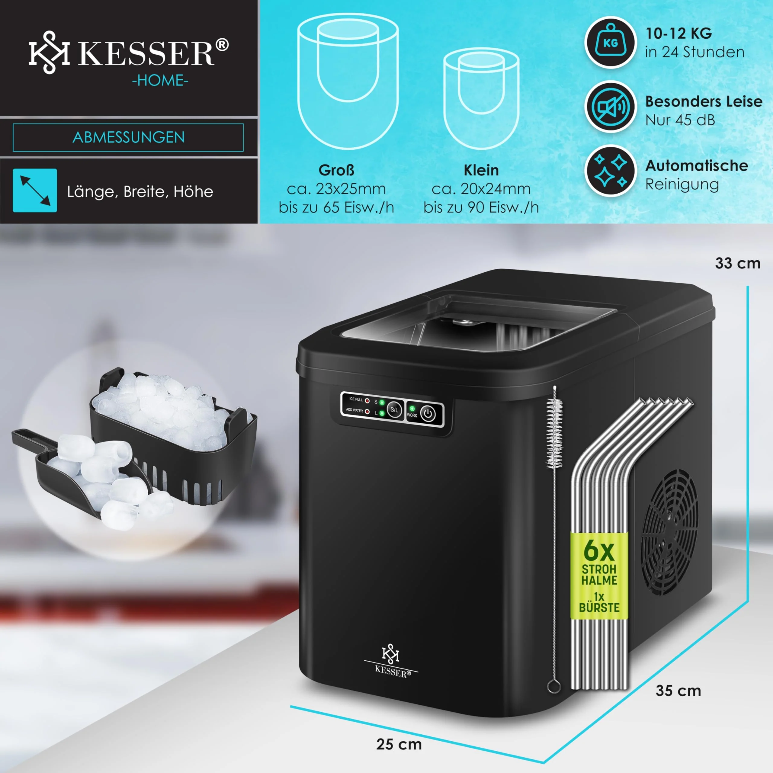 KESSER® Eiswürfelbereiter | Eiswürfelmaschine Edelstahl | Ice Maker | 12 kg 24 h | Zubereitung in 7 min | 2,2 Liter Wassertank | 2 Eiswürfel-Größen | LED-Display | Selbstreinigungsfunktion | Schwarz - Image 4