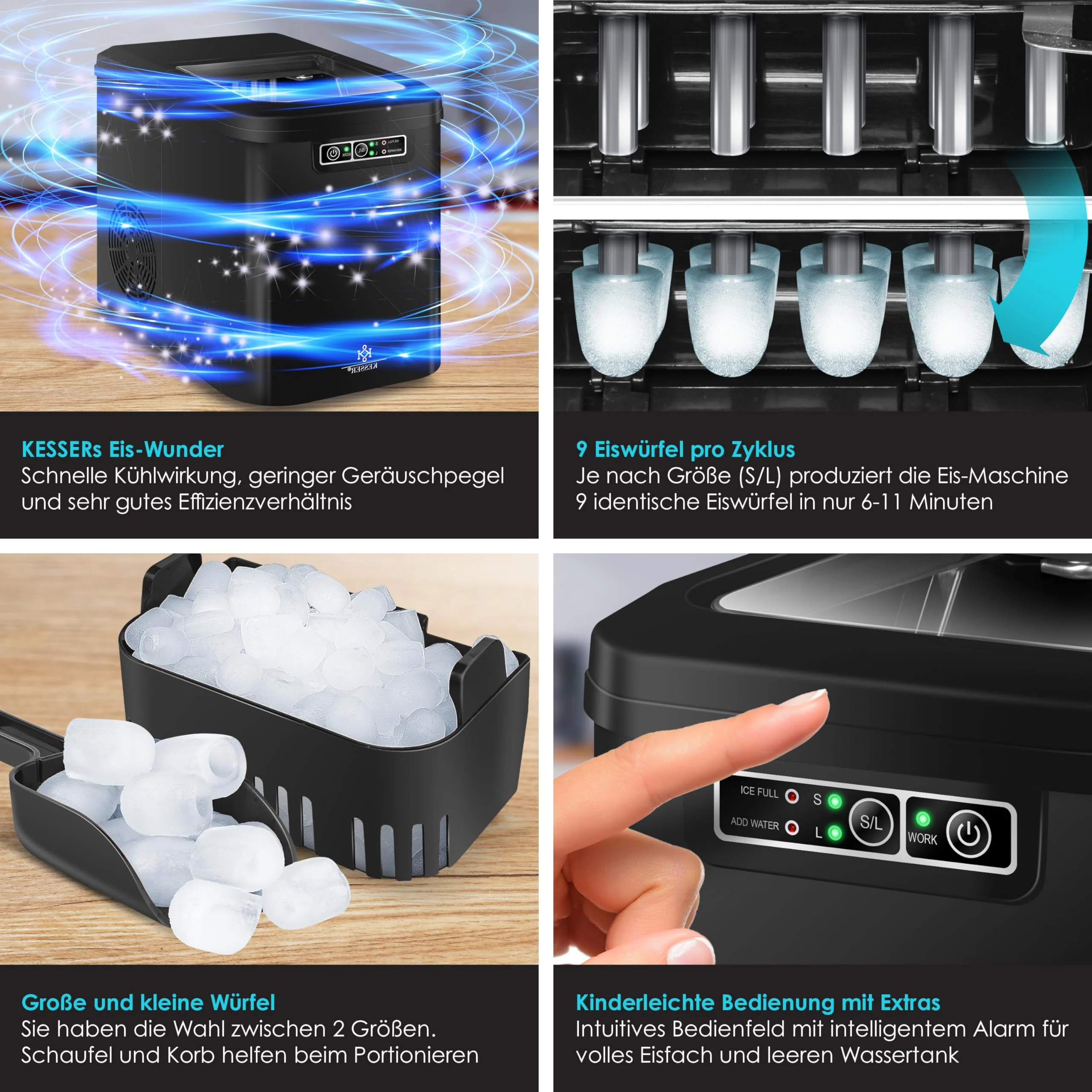 KESSER® Eiswürfelbereiter | Eiswürfelmaschine Edelstahl | Ice Maker | 12 kg 24 h | Zubereitung in 7 min | 2,2 Liter Wassertank | 2 Eiswürfel-Größen | LED-Display | Selbstreinigungsfunktion | Schwarz - Image 5