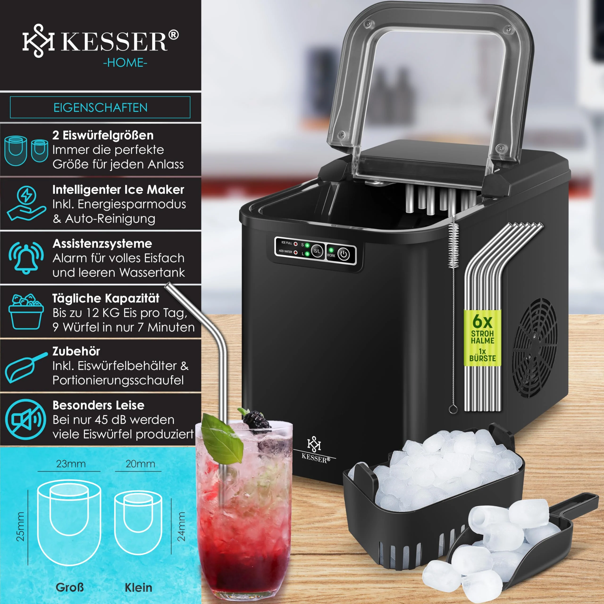 KESSER® Eiswürfelbereiter | Eiswürfelmaschine Edelstahl | Ice Maker | 12 kg 24 h | Zubereitung in 7 min | 2,2 Liter Wassertank | 2 Eiswürfel-Größen | LED-Display | Selbstreinigungsfunktion | Schwarz - Image 7