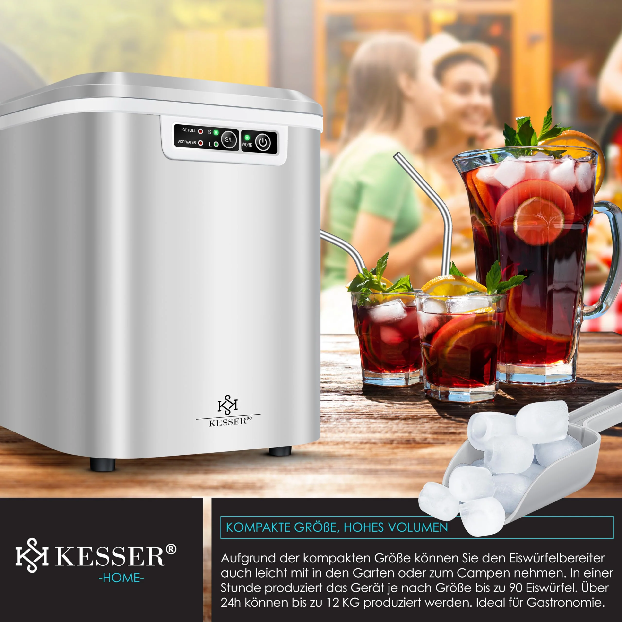 KESSER® Eiswürfelbereiter | Eiswürfelmaschine Edelstahl | Ice Maker | 12 kg 24 h | Zubereitung in 7 min | 2,2 Liter Wassertank | 2 Eiswürfel-Größen | LED-Display | Selbstreinigungsfunktion | Silber - Image 2