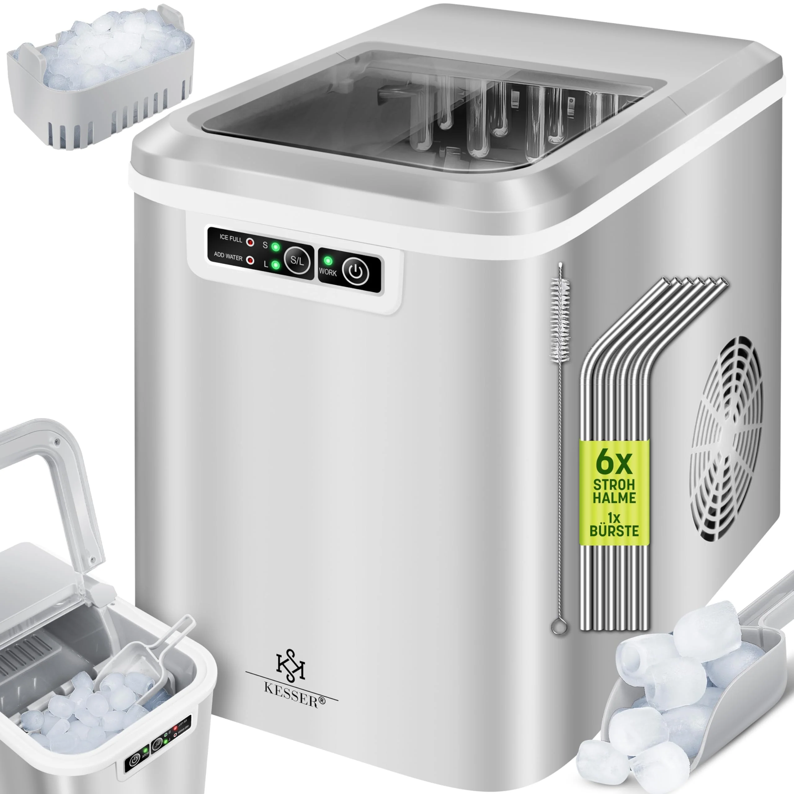 KESSER® Eiswürfelbereiter | Eiswürfelmaschine Edelstahl | Ice Maker | 12 kg 24 h | Zubereitung in 7 min | 2,2 Liter Wassertank | 2 Eiswürfel-Größen | LED-Display | Selbstreinigungsfunktion | Silber - Image 5