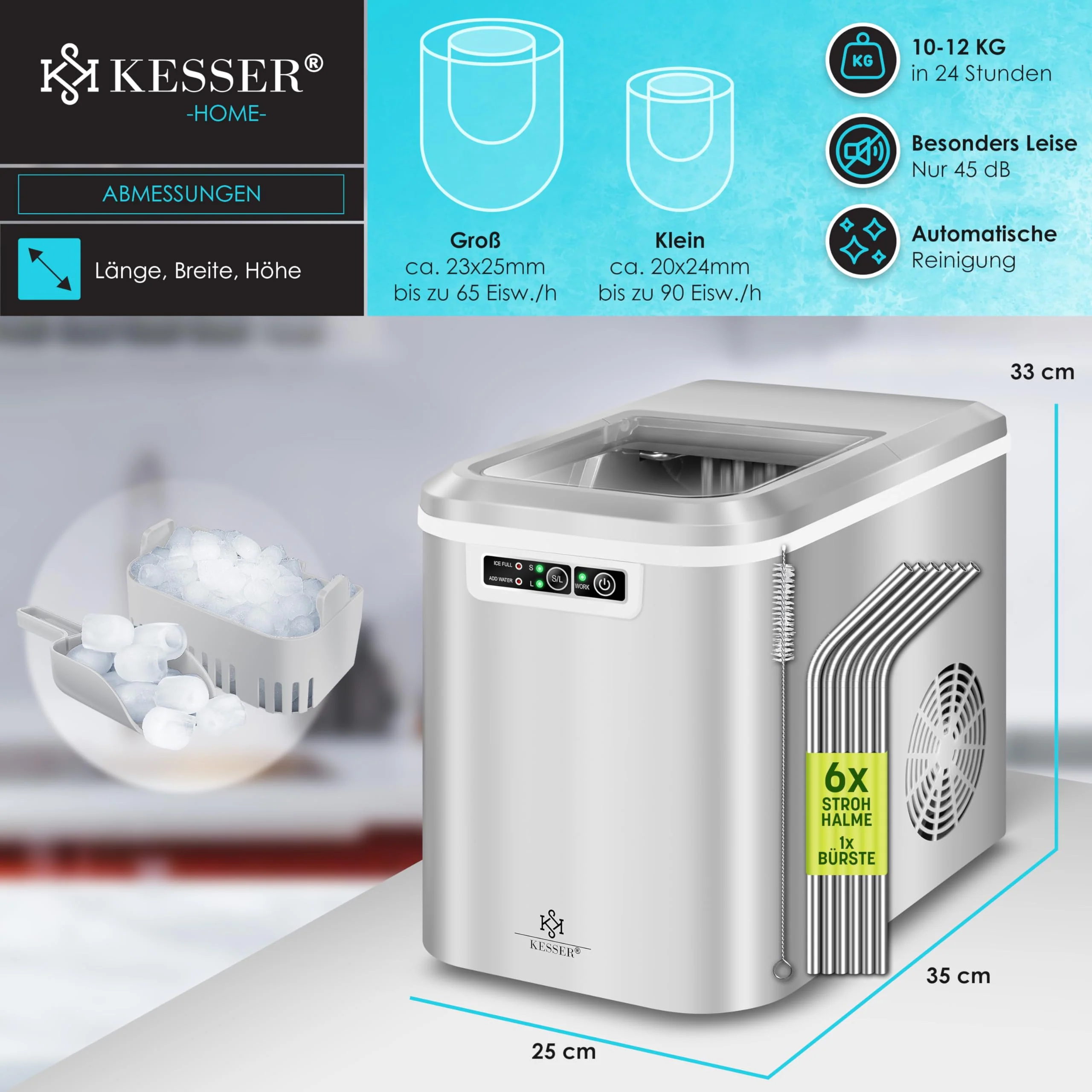 KESSER® Eiswürfelbereiter | Eiswürfelmaschine Edelstahl | Ice Maker | 12 kg 24 h | Zubereitung in 7 min | 2,2 Liter Wassertank | 2 Eiswürfel-Größen | LED-Display | Selbstreinigungsfunktion | Silber - Image 6