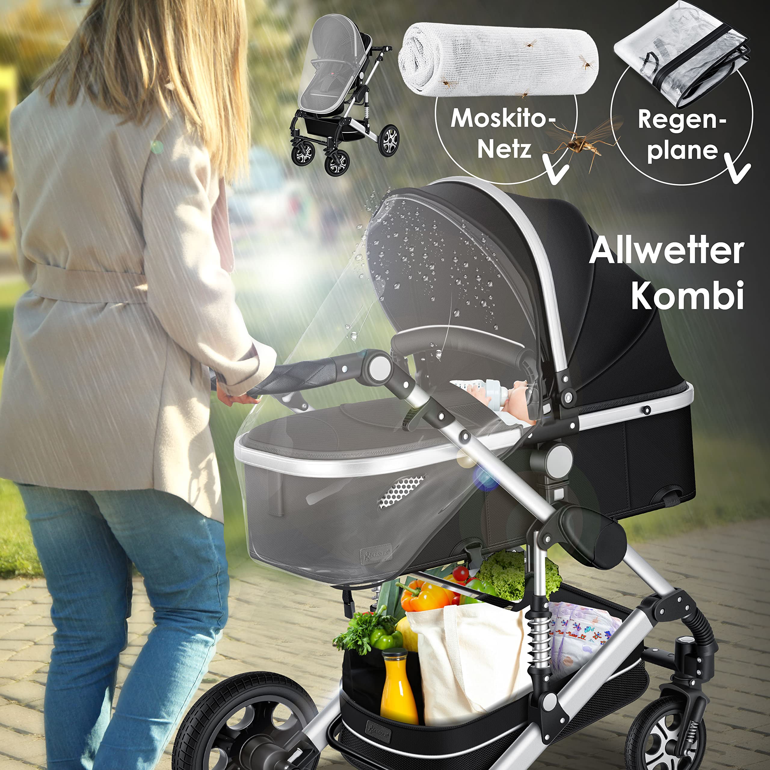 KESSER® Loops 3 in 1 Kinderwagen Kombikinderwagen Komplett-Set inkl. Babywanne & Buggy Sportsitz & Auto-Babyschale Voll-Gummireifen Wickeltasche Regenschutz Kindertisch ECE R129, Schwarz/Silber - Image 3