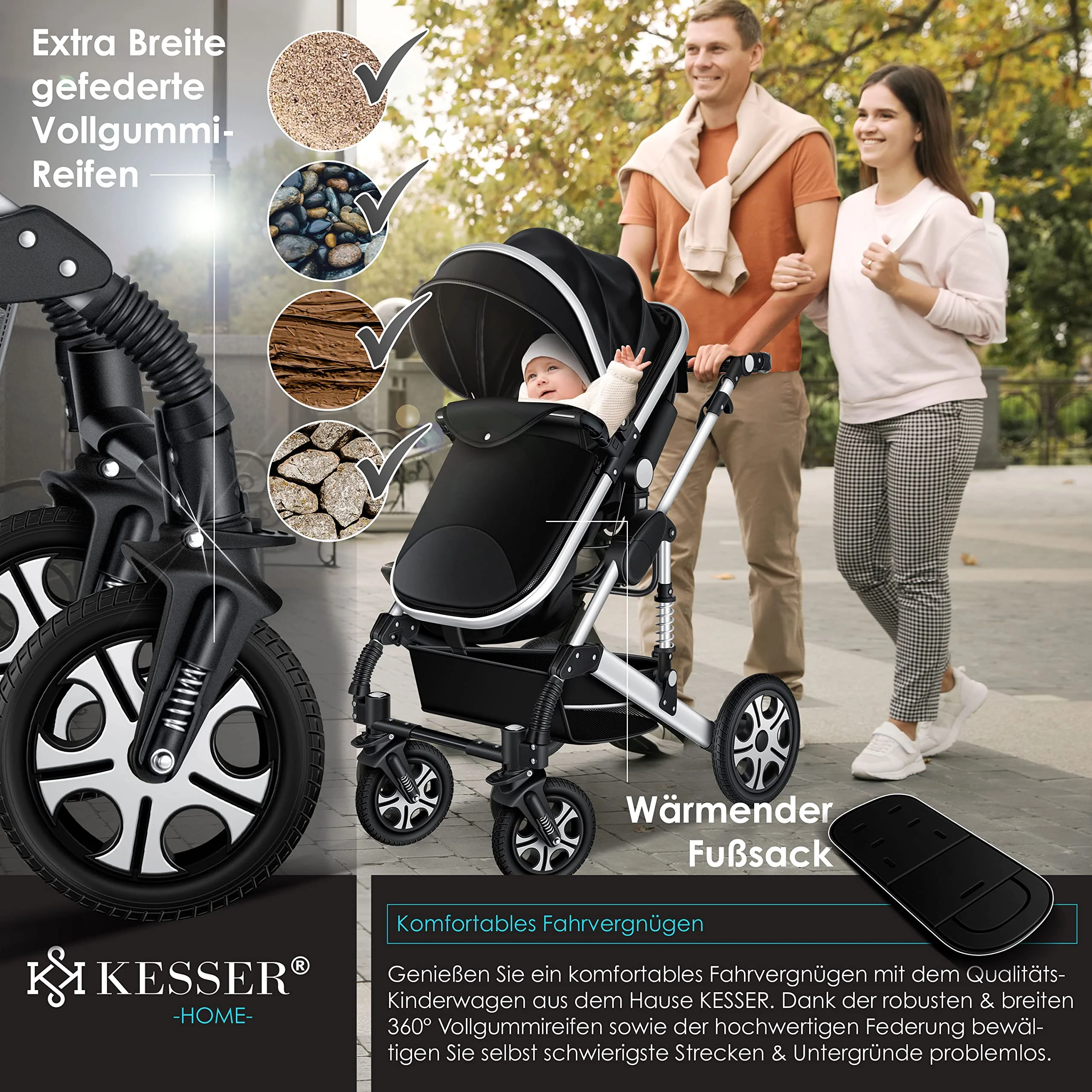 KESSER® Loops 3 in 1 Kinderwagen Kombikinderwagen Komplett-Set inkl. Babywanne & Buggy Sportsitz & Auto-Babyschale Voll-Gummireifen Wickeltasche Regenschutz Kindertisch ECE R129, Schwarz/Silber - Image 5