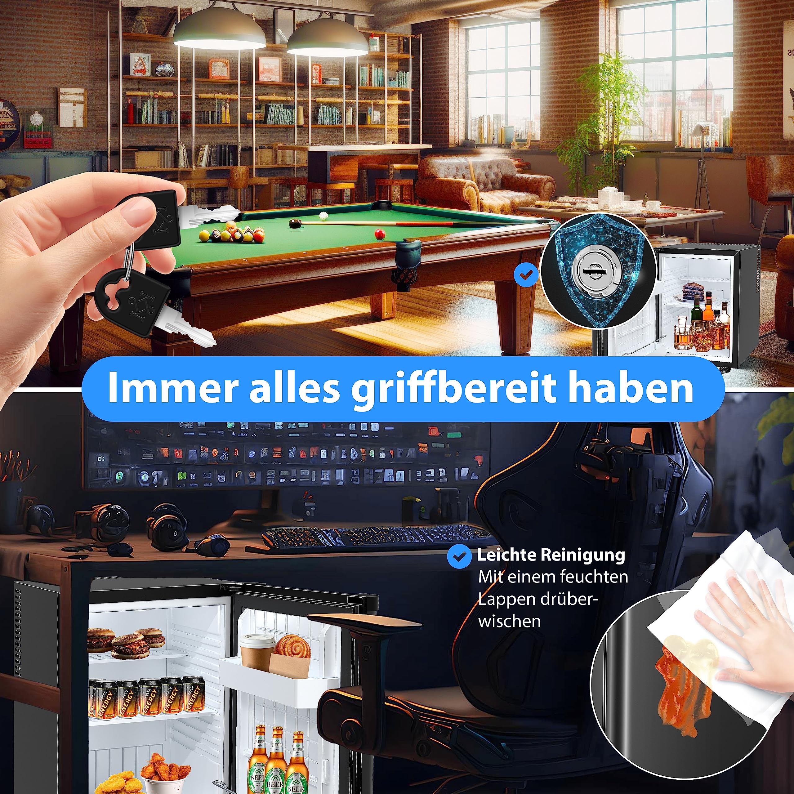 KESSER® Minikühlschrank mit Schloss, Minibar 40 Liter Nutzinhalt, Leise 22db, Abschließbar, Schlafzimmer, Wechselbarer Türanschlag, ca. 4°-16°C Höhe 57cm, Innenbeleuchtung Tisch-Kühlschrank Schwarz - Image 10