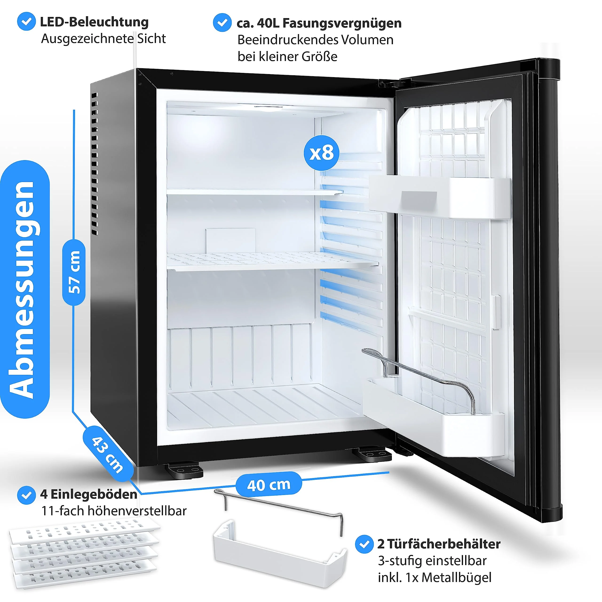 KESSER® Minikühlschrank mit Schloss, Minibar 40 Liter Nutzinhalt, Leise 22db, Abschließbar, Schlafzimmer, Wechselbarer Türanschlag, ca. 4°-16°C Höhe 57cm, Innenbeleuchtung Tisch-Kühlschrank Schwarz - Image 11