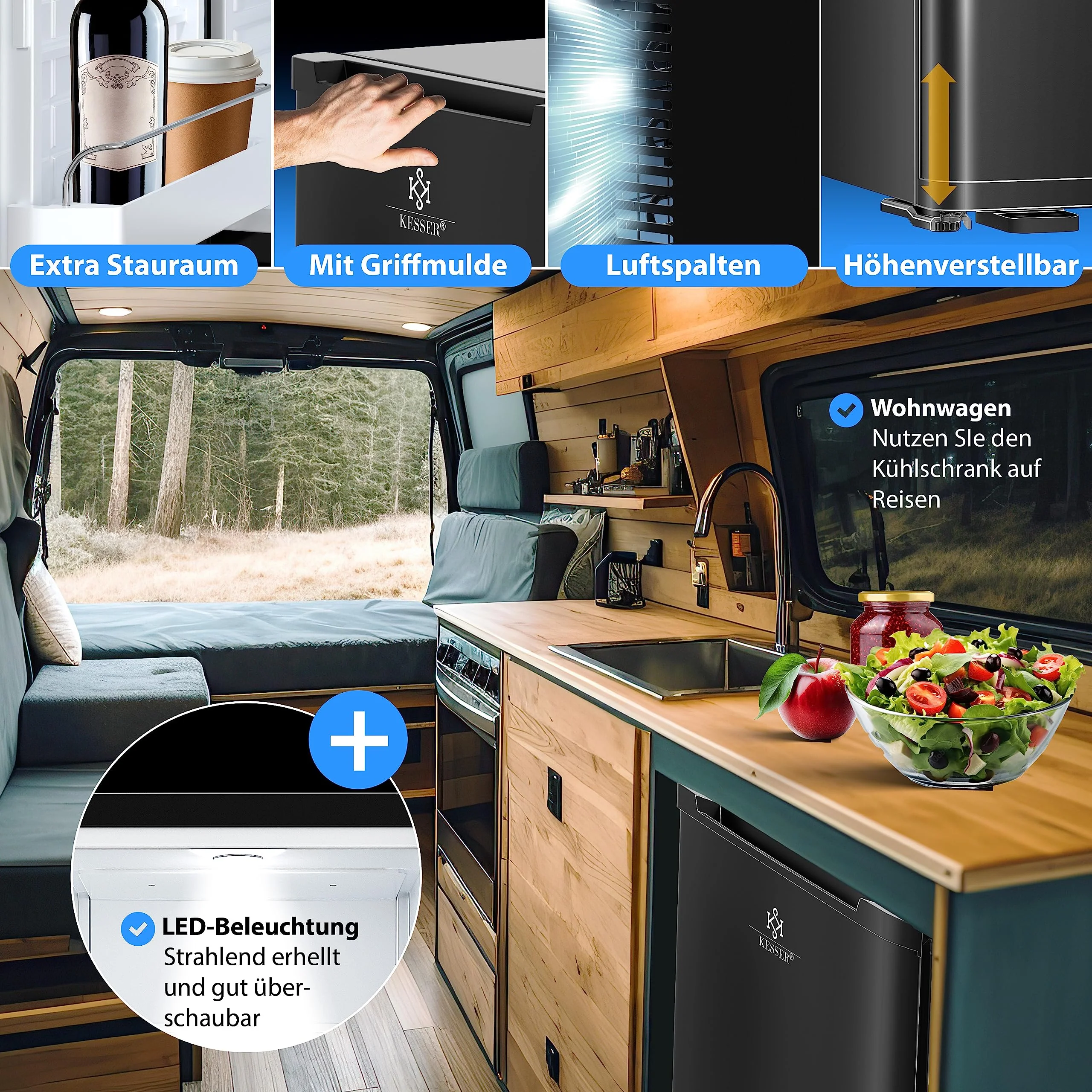KESSER® Minikühlschrank mit Schloss, Minibar 40 Liter Nutzinhalt, Leise 22db, Abschließbar, Schlafzimmer, Wechselbarer Türanschlag, ca. 4°-16°C Höhe 57cm, Innenbeleuchtung Tisch-Kühlschrank Schwarz - Image 8