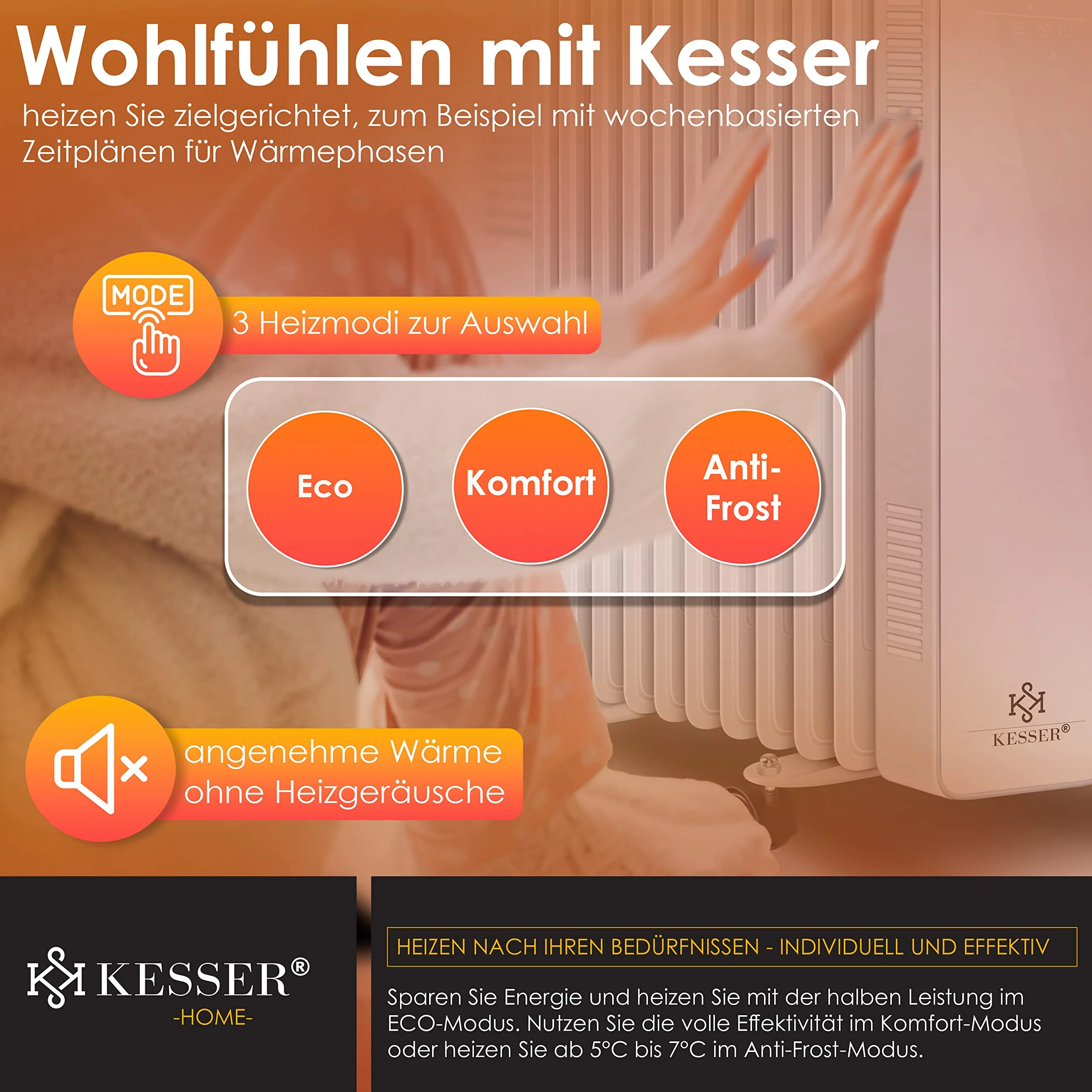 KESSER® Ölradiator 2500W Mobile Elektroheizung energiesparend mit WiFi App-Steuerung & LED Touch-Display Fernbedienung Öl Radiator Heizung elektrisch 11 Rippen Heizkörper 24h Timer Überhitzungsschutz - Image 3