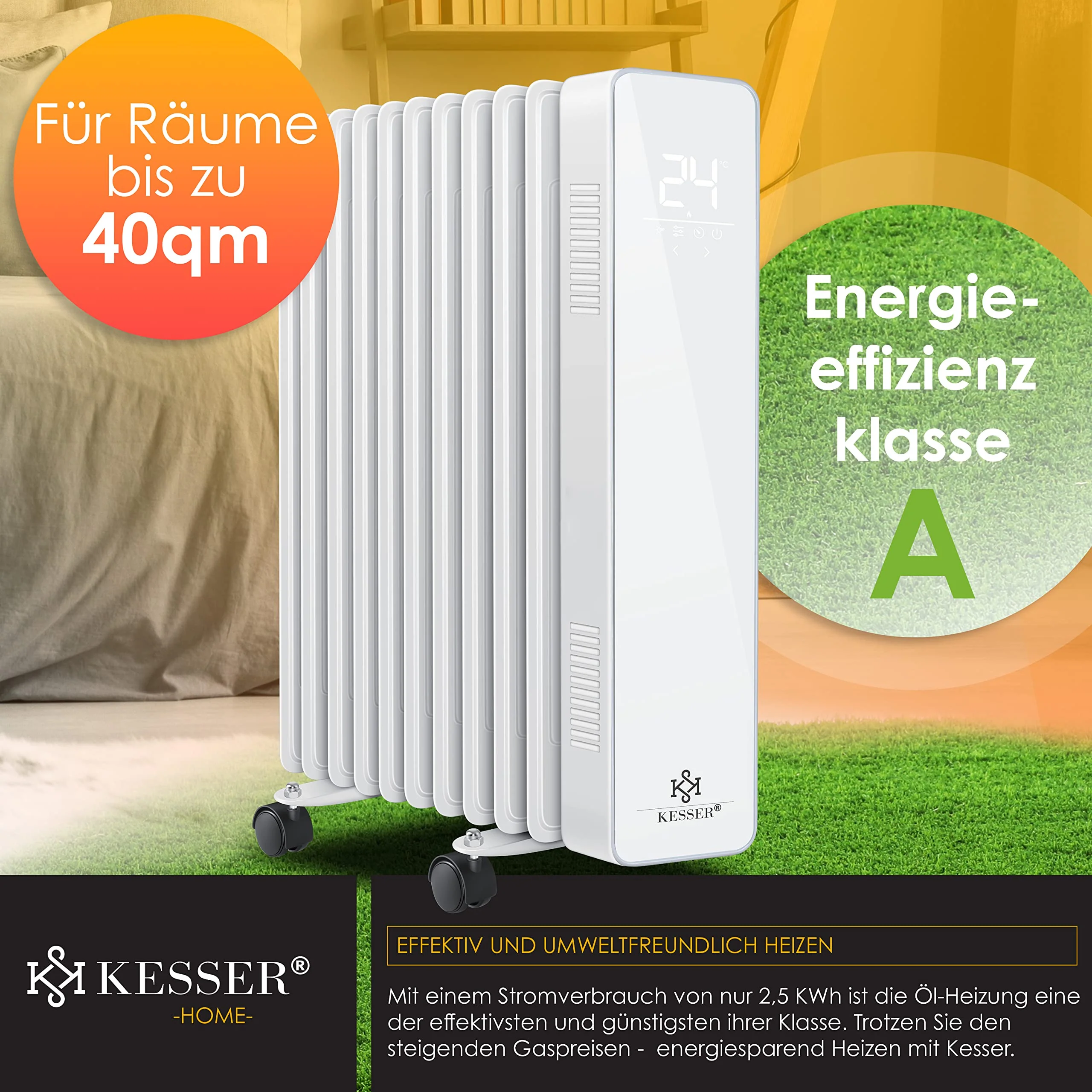 KESSER® Ölradiator 2500W Mobile Elektroheizung energiesparend mit WiFi App-Steuerung & LED Touch-Display Fernbedienung Öl Radiator Heizung elektrisch 11 Rippen Heizkörper 24h Timer Überhitzungsschutz - Image 6