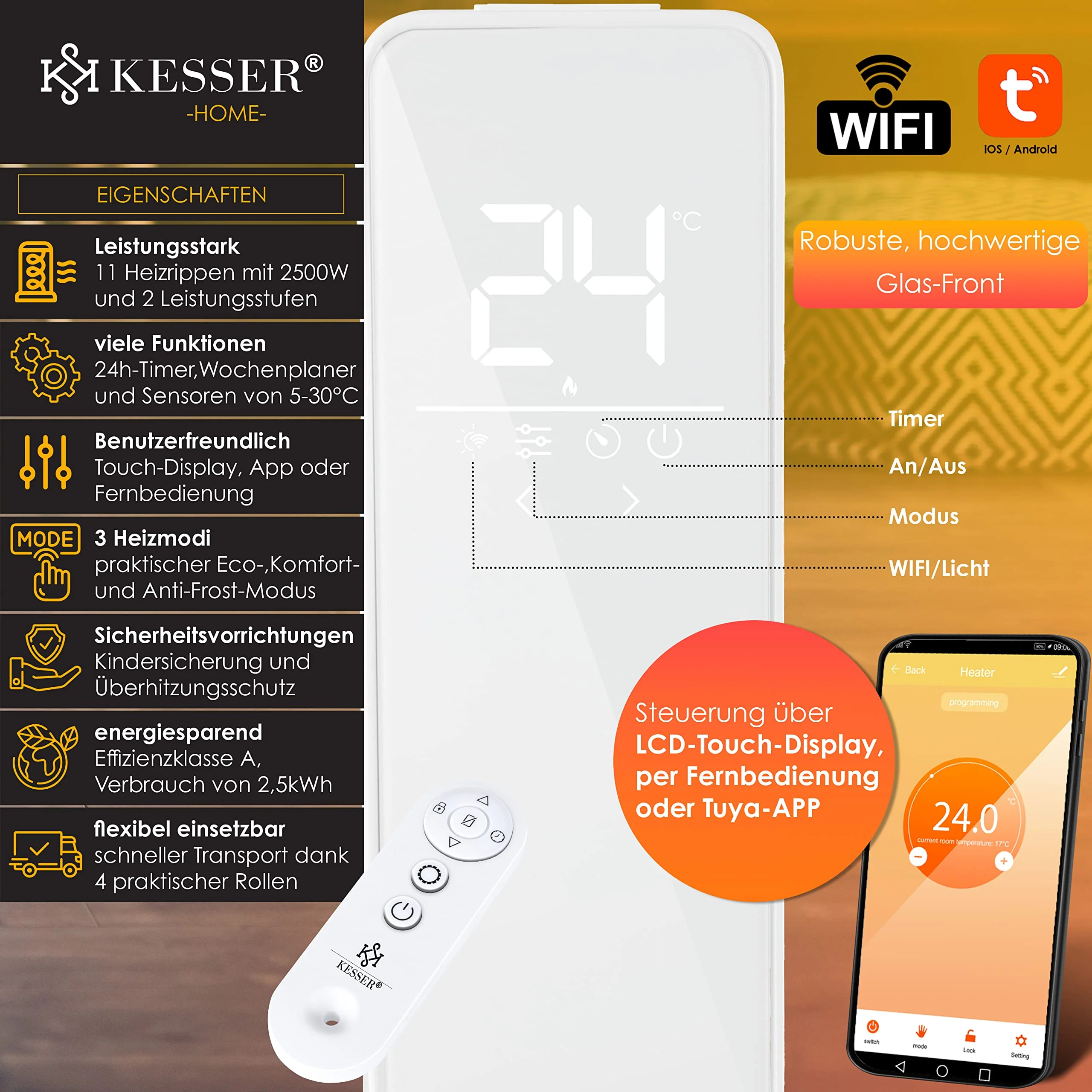 KESSER® Ölradiator 2500W Mobile Elektroheizung energiesparend mit WiFi App-Steuerung & LED Touch-Display Fernbedienung Öl Radiator Heizung elektrisch 11 Rippen Heizkörper 24h Timer Überhitzungsschutz - Image 7