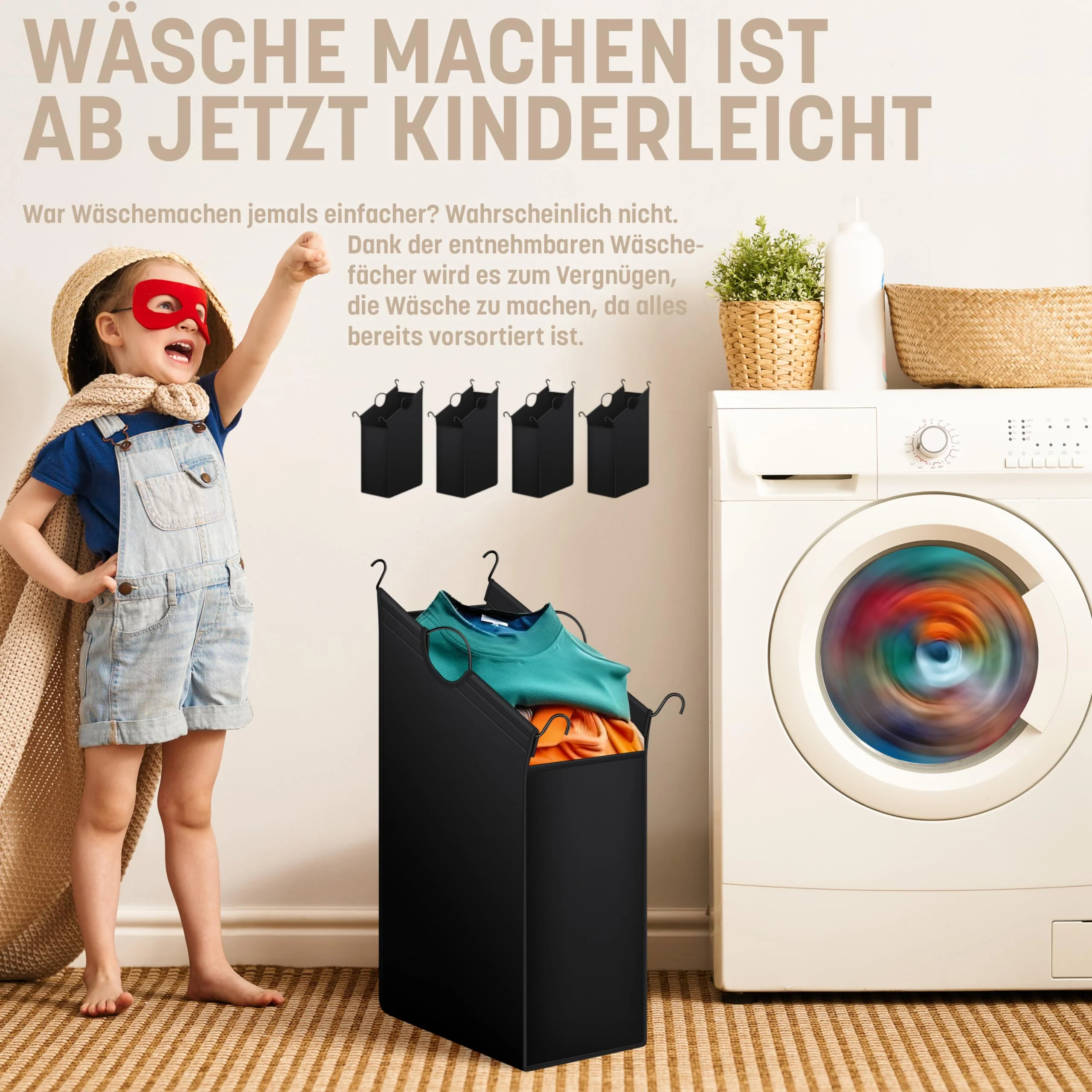 KESSER® Wäschekorb Wäschesammler Wäschesortierer mit 4 abnehmbaren Stofftaschen | 4 Fächer x 35 Liter | Wäschebox mit 12 Waschhinweisen 360° Rollen mit Bremse Wäsche-Sortiersystem Wäschewagen Schwarz - Image 2
