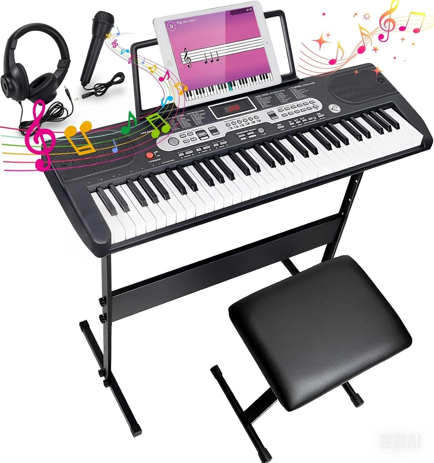 Keyboard Piano für Kinder Einsteiger, 61 Key Keyboard mit LED-Bildschirm Keyboardständer, Klavierbank, Mikrofon, Kopfhörer, Notenablage, Lehrmodi, E-Piano Geschenk für Kinder ab 7 Jahre (Schwarz)