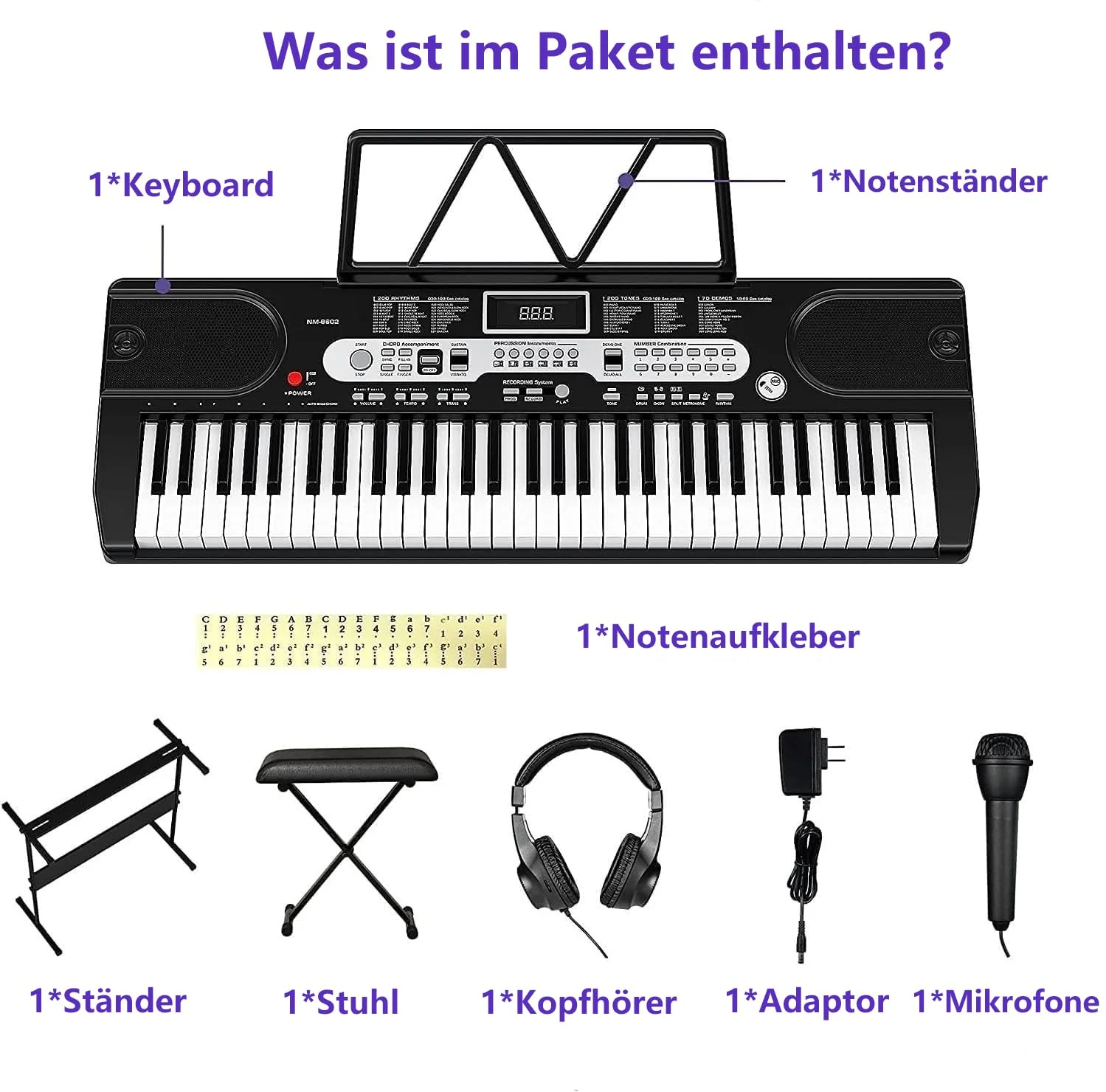 Keyboard Piano für Kinder Einsteiger, 61 Key Keyboard mit LED-Bildschirm Keyboardständer, Klavierbank, Mikrofon, Kopfhörer, Notenablage, Lehrmodi, E-Piano Geschenk für Kinder ab 7 Jahre (Schwarz) - Image 2