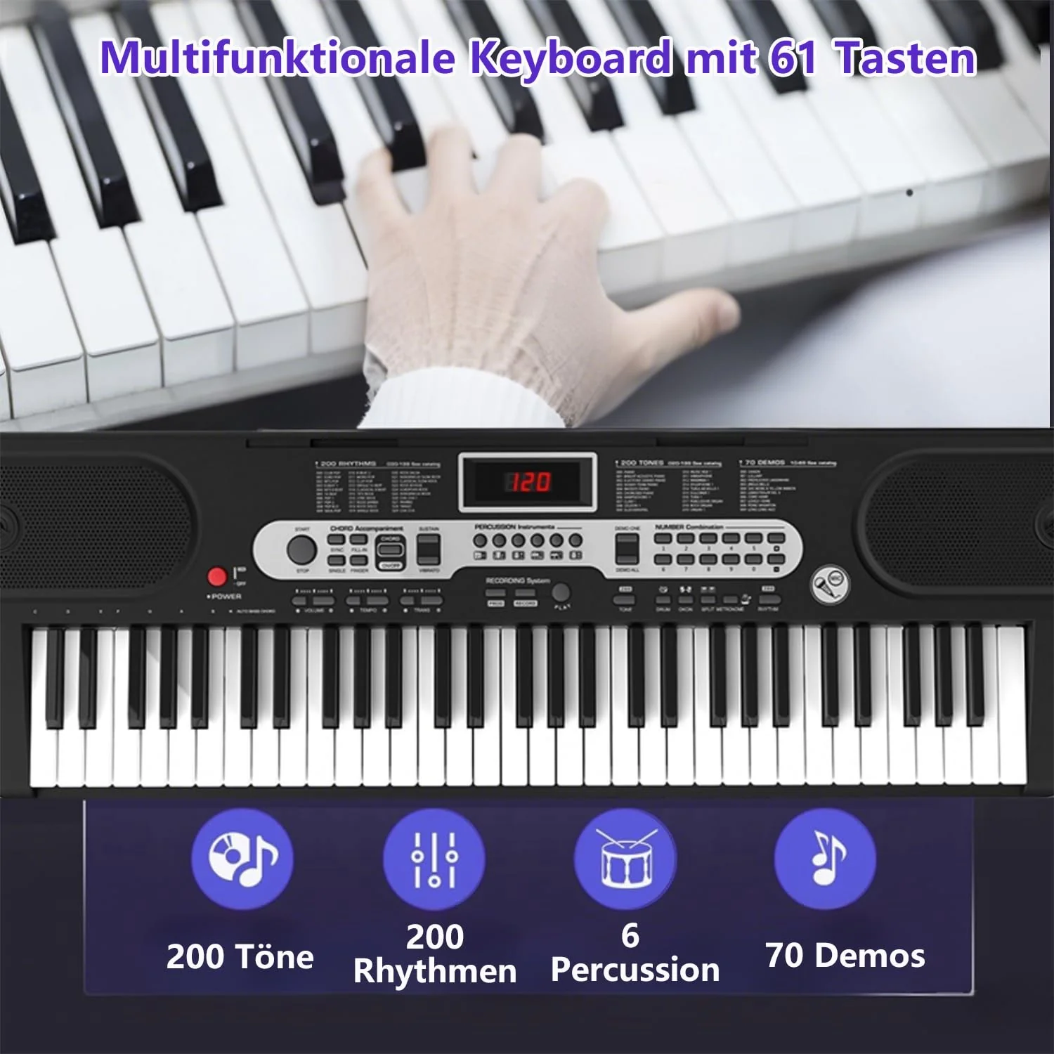 Keyboard Piano für Kinder Einsteiger, 61 Key Keyboard mit LED-Bildschirm Keyboardständer, Klavierbank, Mikrofon, Kopfhörer, Notenablage, Lehrmodi, E-Piano Geschenk für Kinder ab 7 Jahre (Schwarz) - Image 5