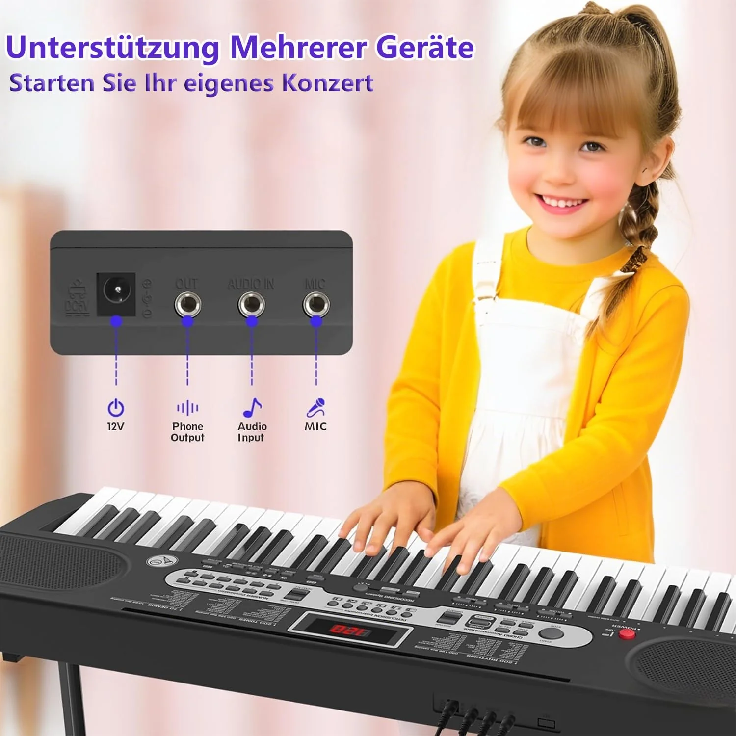 Keyboard Piano für Kinder Einsteiger, 61 Key Keyboard mit LED-Bildschirm Keyboardständer, Klavierbank, Mikrofon, Kopfhörer, Notenablage, Lehrmodi, E-Piano Geschenk für Kinder ab 7 Jahre (Schwarz) - Image 7