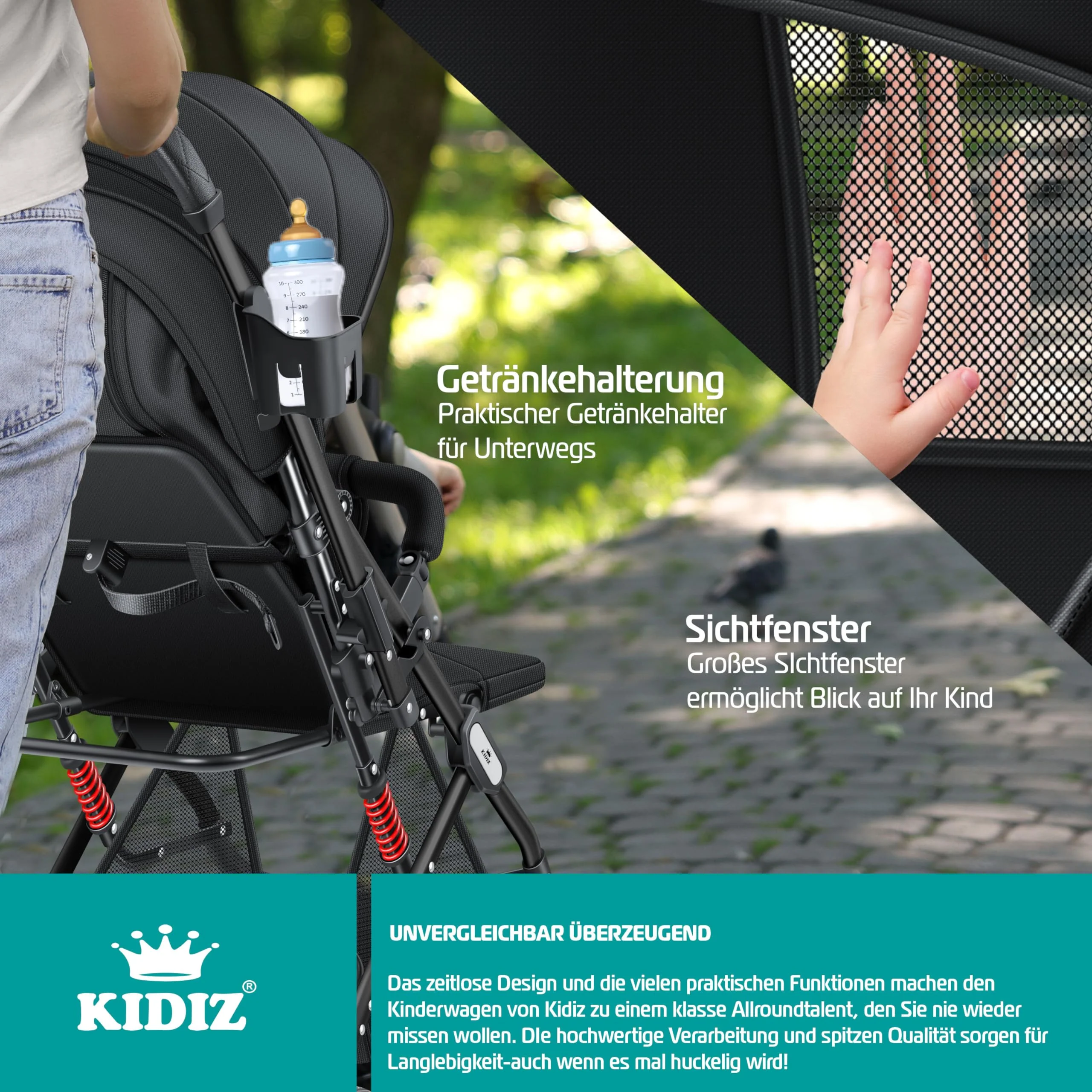 KIDIZ® Kinderwagen Kinderbuggy klappbar Liegebuggy Sportwagen Faltbar 360° Räder 5-Punkt Gurt Inkl. Fußsack, Getränkehalter, Regenabdeckung & Moskitonetz verstellbare Rückenlehne & Sonnenverdeck - Image 2