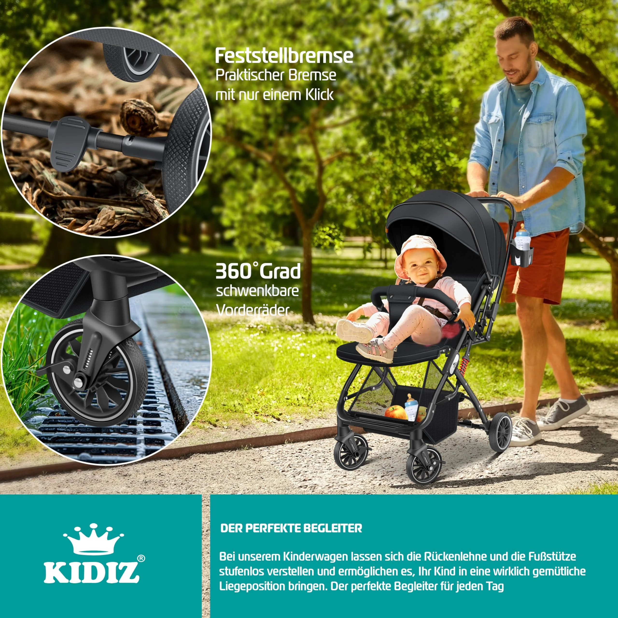 KIDIZ® Kinderwagen Kinderbuggy klappbar Liegebuggy Sportwagen Faltbar 360° Räder 5-Punkt Gurt Inkl. Fußsack, Getränkehalter, Regenabdeckung & Moskitonetz verstellbare Rückenlehne & Sonnenverdeck - Image 3