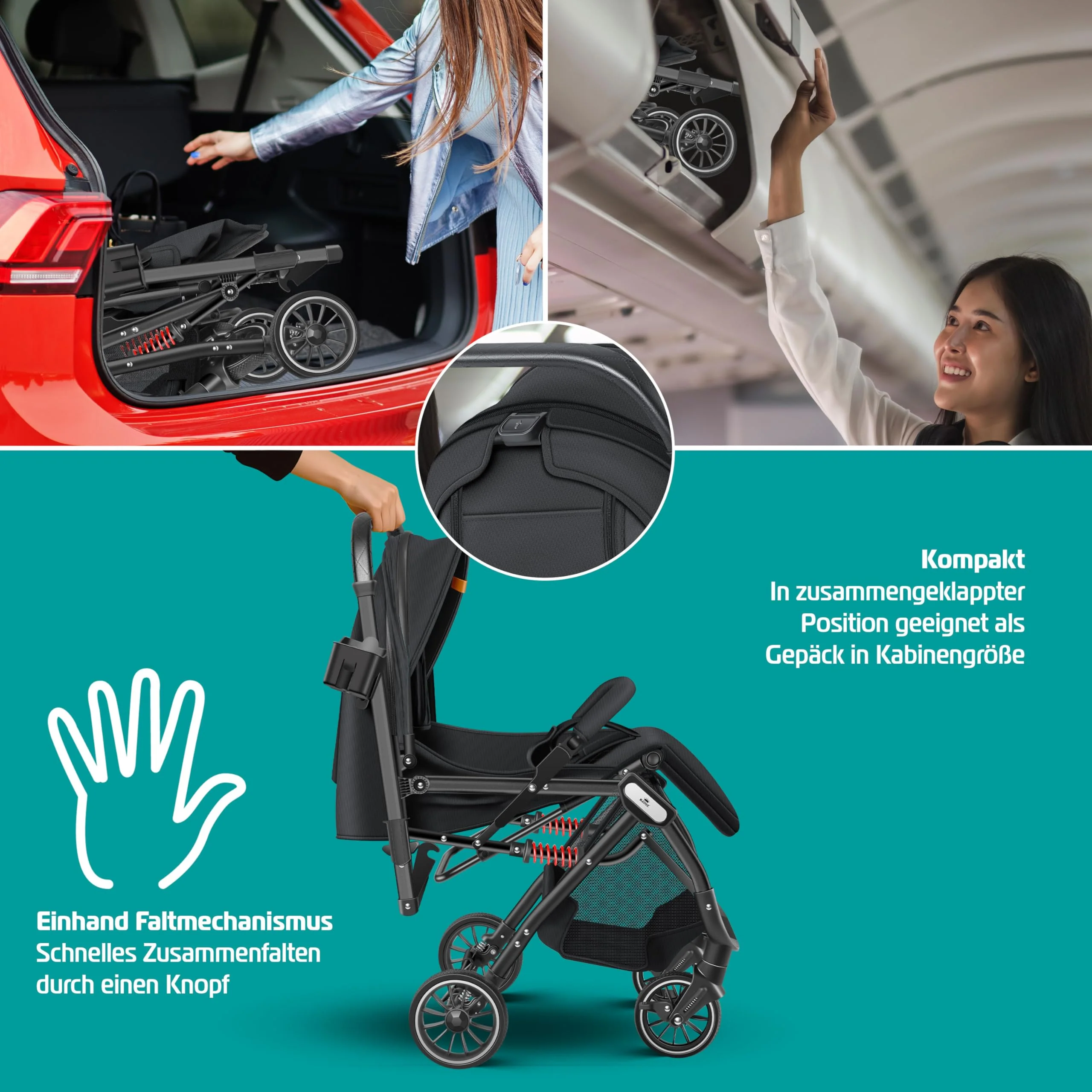 KIDIZ® Kinderwagen Kinderbuggy klappbar Liegebuggy Sportwagen Faltbar 360° Räder 5-Punkt Gurt Inkl. Fußsack, Getränkehalter, Regenabdeckung & Moskitonetz verstellbare Rückenlehne & Sonnenverdeck - Image 4