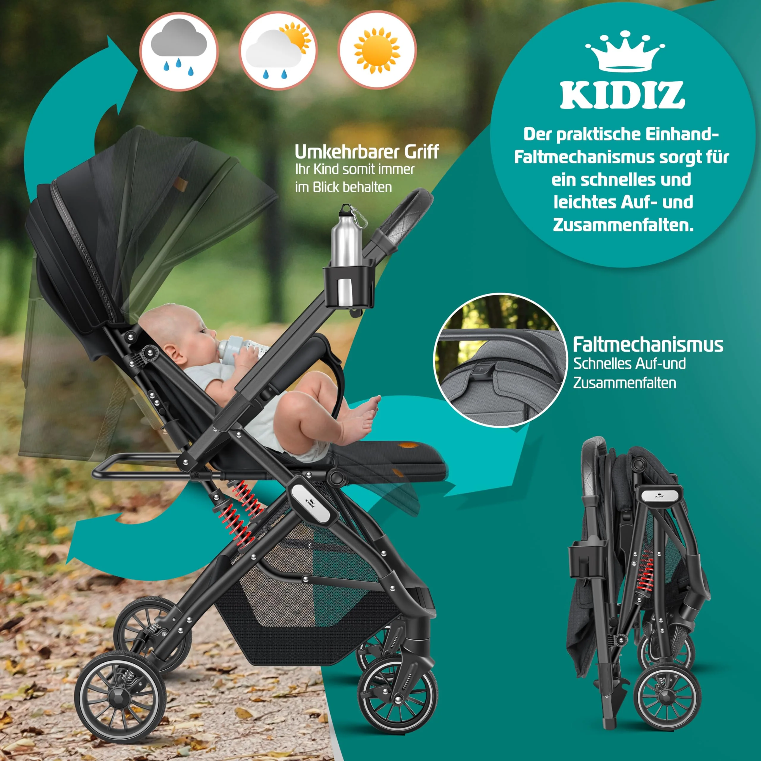 KIDIZ® Kinderwagen Kinderbuggy klappbar Liegebuggy Sportwagen Faltbar 360° Räder 5-Punkt Gurt Inkl. Fußsack, Getränkehalter, Regenabdeckung & Moskitonetz verstellbare Rückenlehne & Sonnenverdeck - Image 5