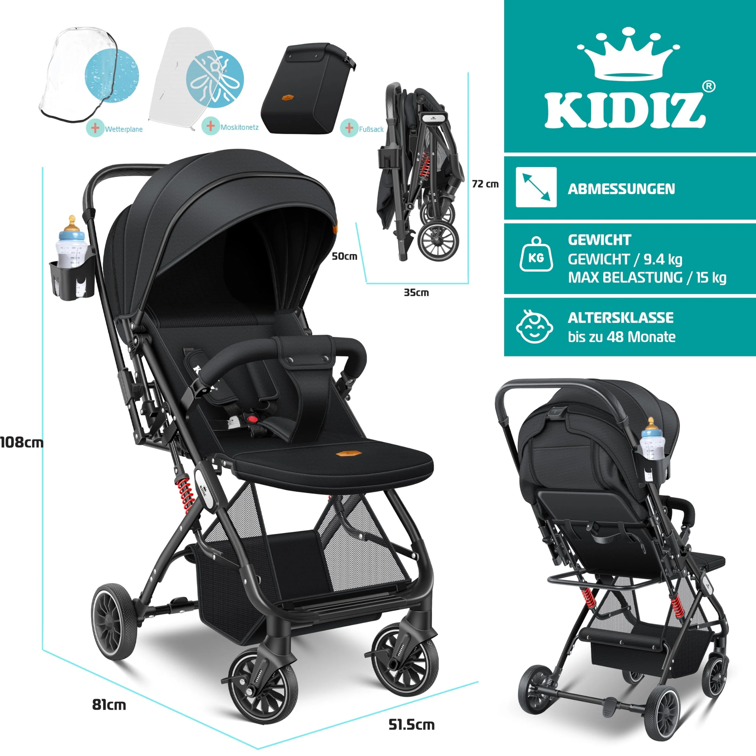 KIDIZ® Kinderwagen Kinderbuggy klappbar Liegebuggy Sportwagen Faltbar 360° Räder 5-Punkt Gurt Inkl. Fußsack, Getränkehalter, Regenabdeckung & Moskitonetz verstellbare Rückenlehne & Sonnenverdeck - Image 6