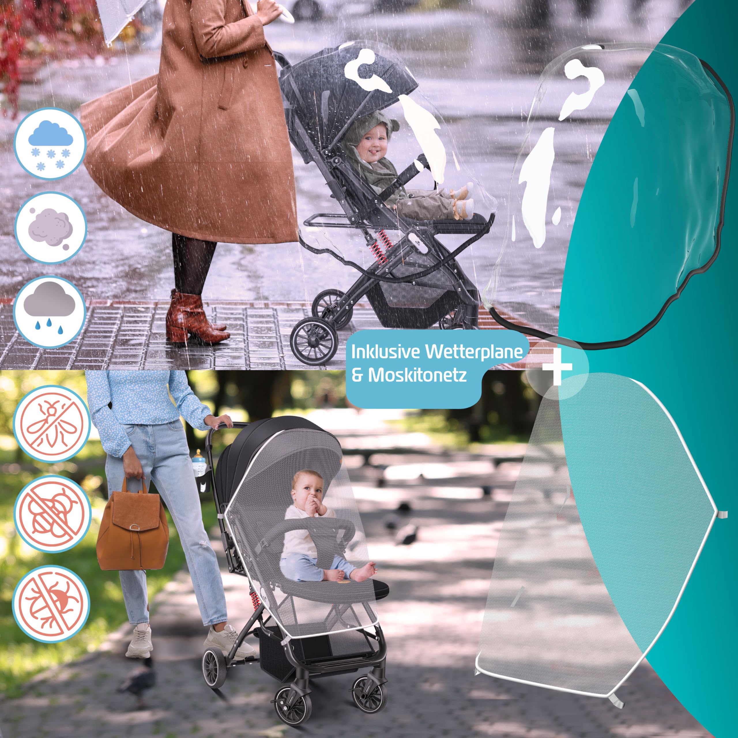 KIDIZ® Kinderwagen Kinderbuggy klappbar Liegebuggy Sportwagen Faltbar 360° Räder 5-Punkt Gurt Inkl. Fußsack, Getränkehalter, Regenabdeckung & Moskitonetz verstellbare Rückenlehne & Sonnenverdeck - Image 7