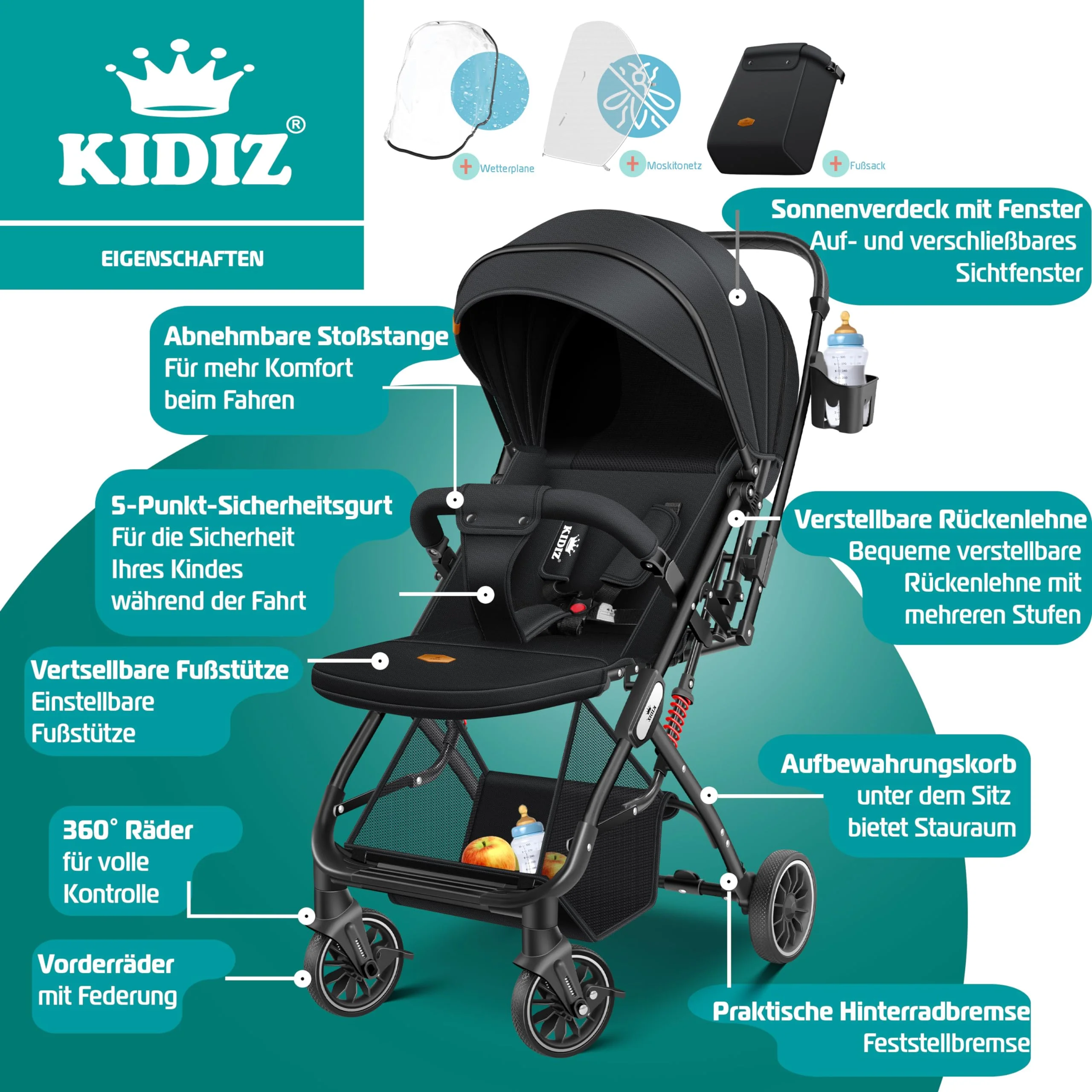 KIDIZ® Kinderwagen Kinderbuggy klappbar Liegebuggy Sportwagen Faltbar 360° Räder 5-Punkt Gurt Inkl. Fußsack, Getränkehalter, Regenabdeckung & Moskitonetz verstellbare Rückenlehne & Sonnenverdeck - Image 9