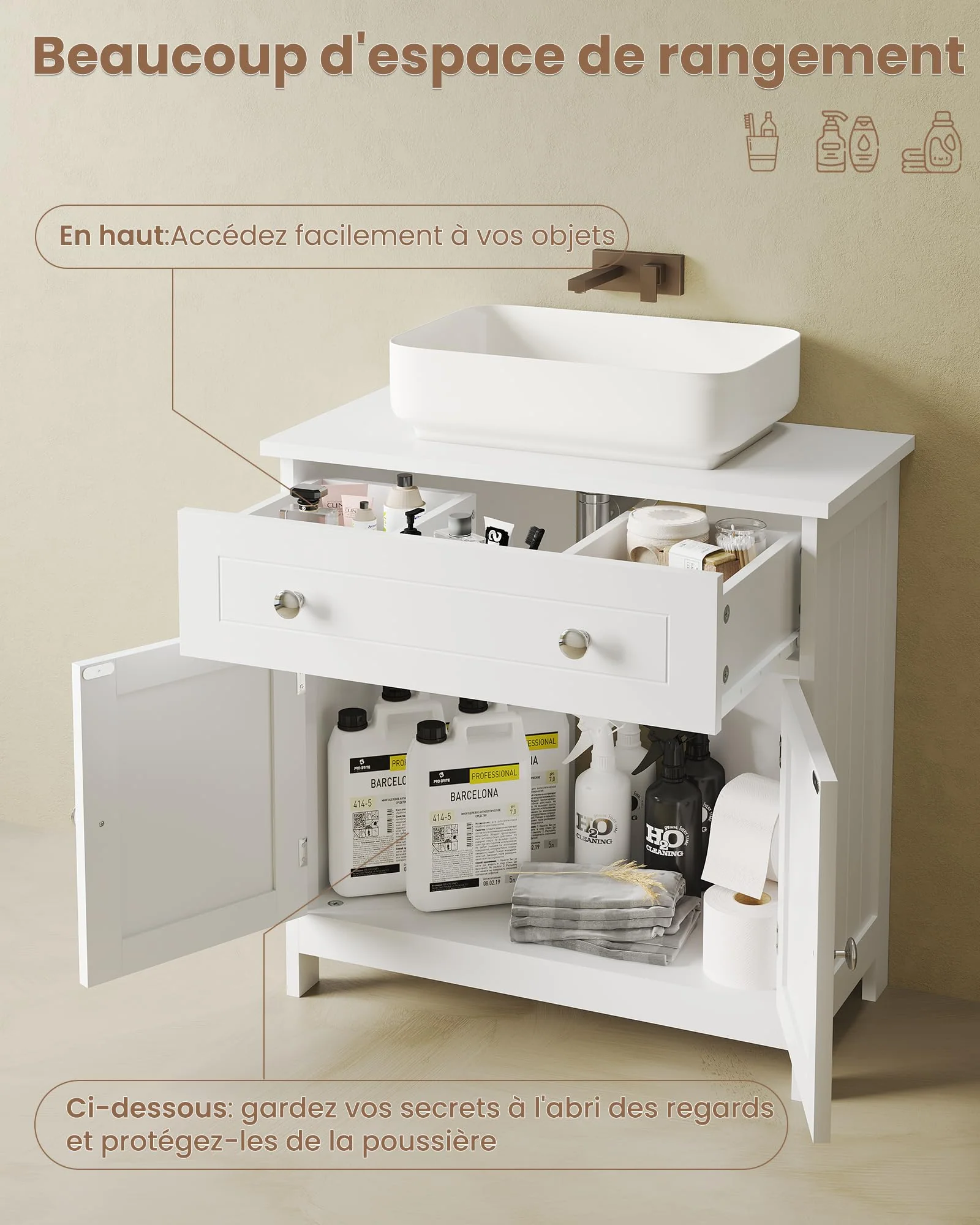 KIMENICH Waschbeckenunterschrank, Unterschrank, Waschbecken mit Unterschrank, Badezimmerschrank mit 2 Türen, Badschrank, 60 x 30 x 60 cm, Weiß - Image 3