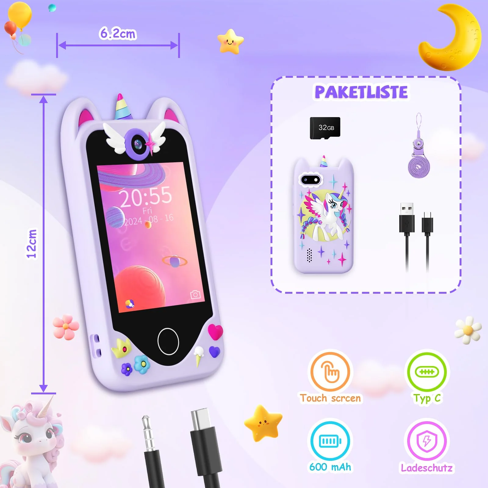 Kinder Handy Smartphone Mädchen Geschenke - Weihnachten Geburtstag Geschenke ab 3 4 5 6 Jahre Mädchen, Kinderhandy Spielzeug mit Touchscreen, Dual-Kameras, Lernen, Musik-Player (Lila) - Image 2