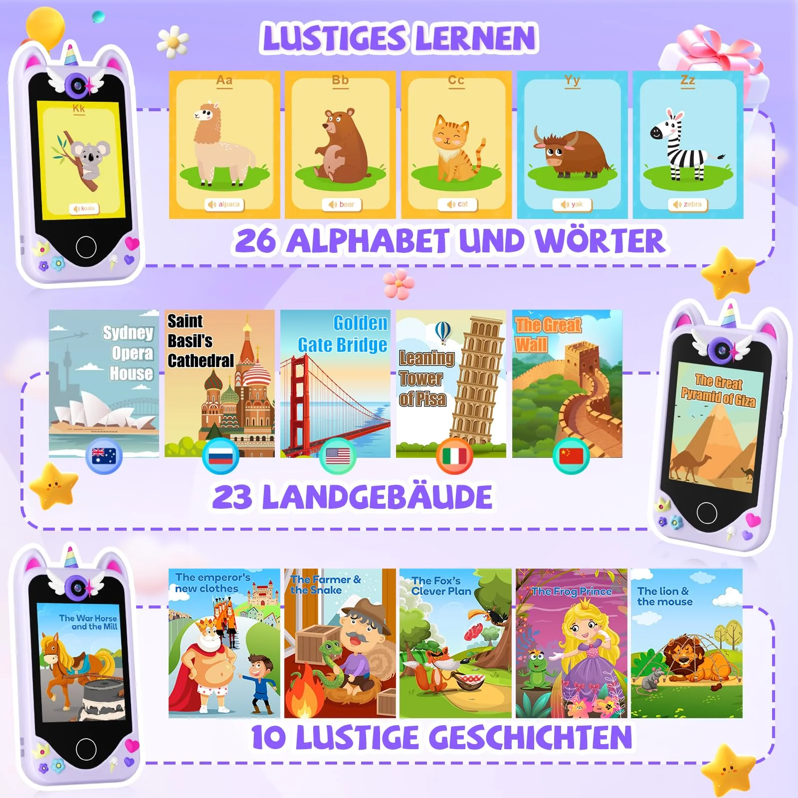 Kinder Handy Smartphone Mädchen Geschenke - Weihnachten Geburtstag Geschenke ab 3 4 5 6 Jahre Mädchen, Kinderhandy Spielzeug mit Touchscreen, Dual-Kameras, Lernen, Musik-Player (Lila) - Image 4