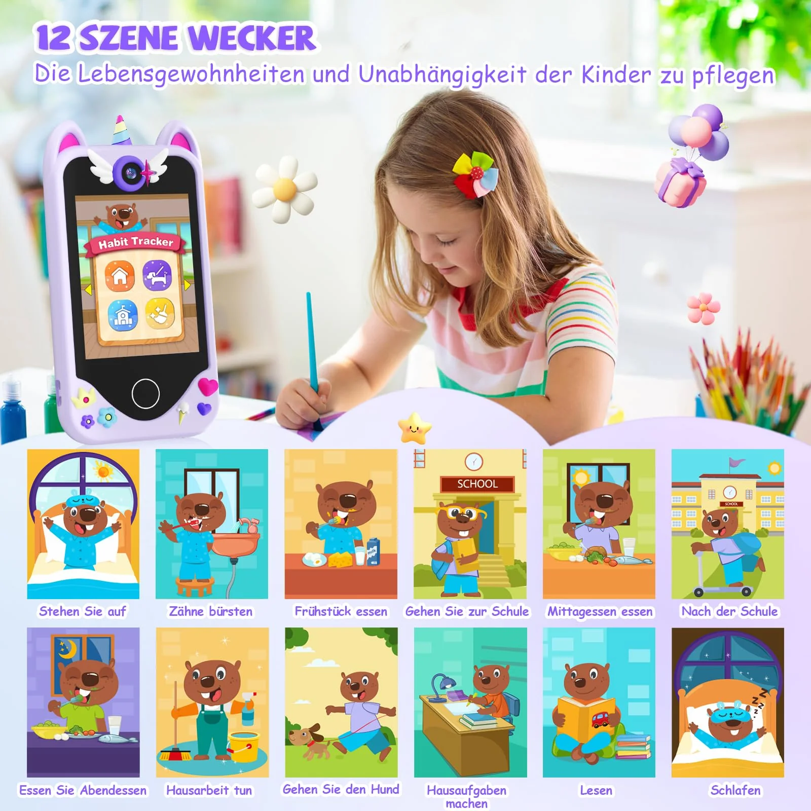 Kinder Handy Smartphone Mädchen Geschenke - Weihnachten Geburtstag Geschenke ab 3 4 5 6 Jahre Mädchen, Kinderhandy Spielzeug mit Touchscreen, Dual-Kameras, Lernen, Musik-Player (Lila) - Image 6