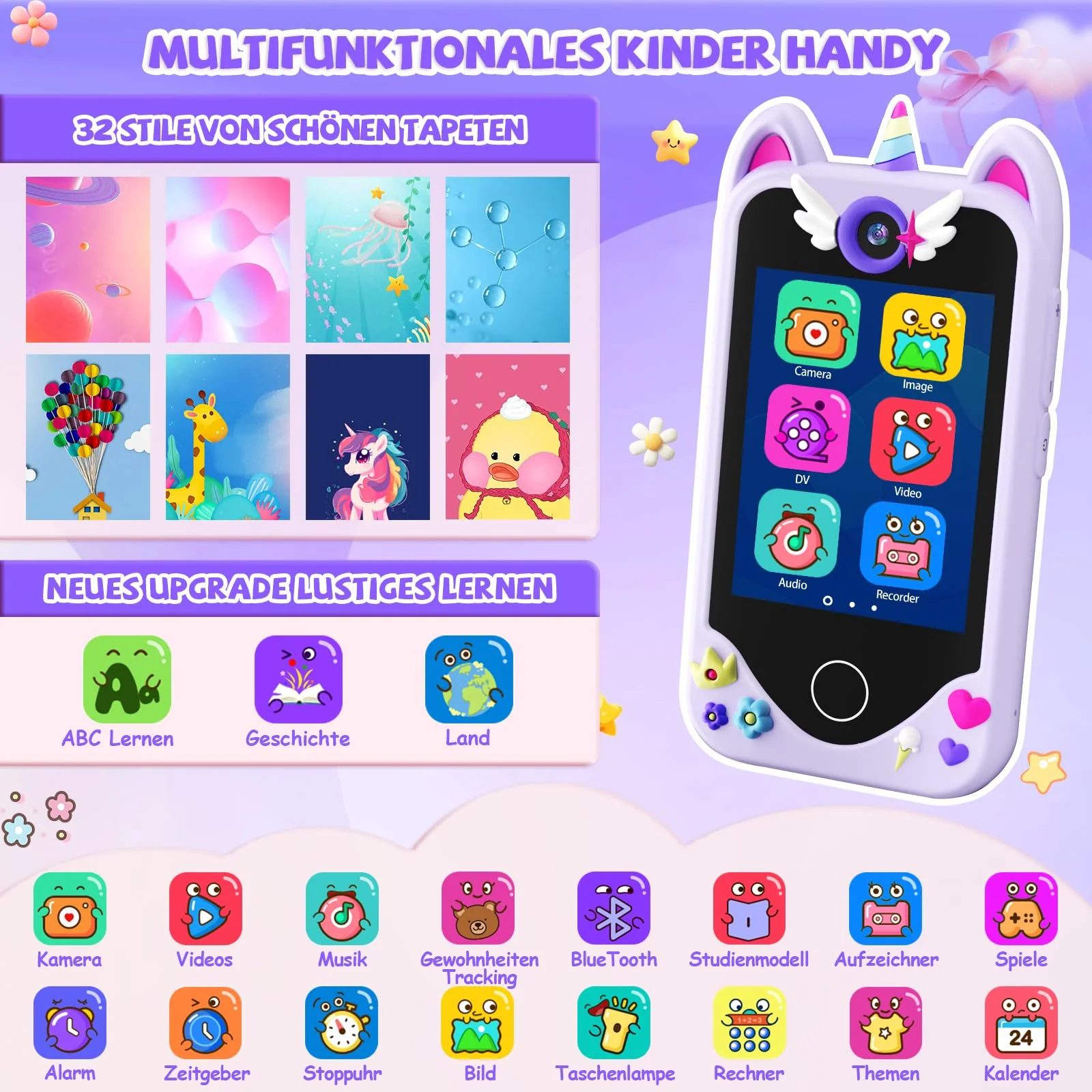 Kinder Handy Smartphone Mädchen Geschenke - Weihnachten Geburtstag Geschenke ab 3 4 5 6 Jahre Mädchen, Kinderhandy Spielzeug mit Touchscreen, Dual-Kameras, Lernen, Musik-Player (Lila) - Image 7