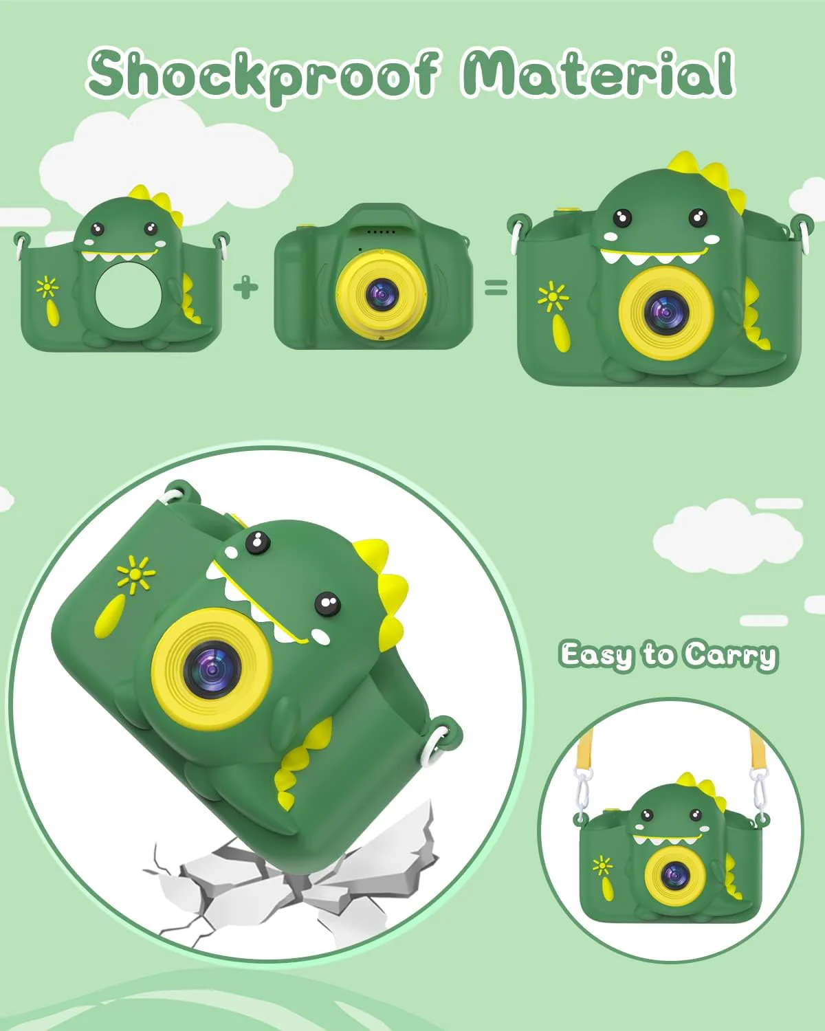 Kinderkamera, Gofunly Kinder Kamera 1080P 2,0-Zoll-Bildschirm Fotoapparat mit 32GB-Karte Selfie Digitalkamera Fotokamera für 3-12 Jahre Jungen und Mädchen Weihnachten Spielzeug - Grün Dinosaurier - Image 4