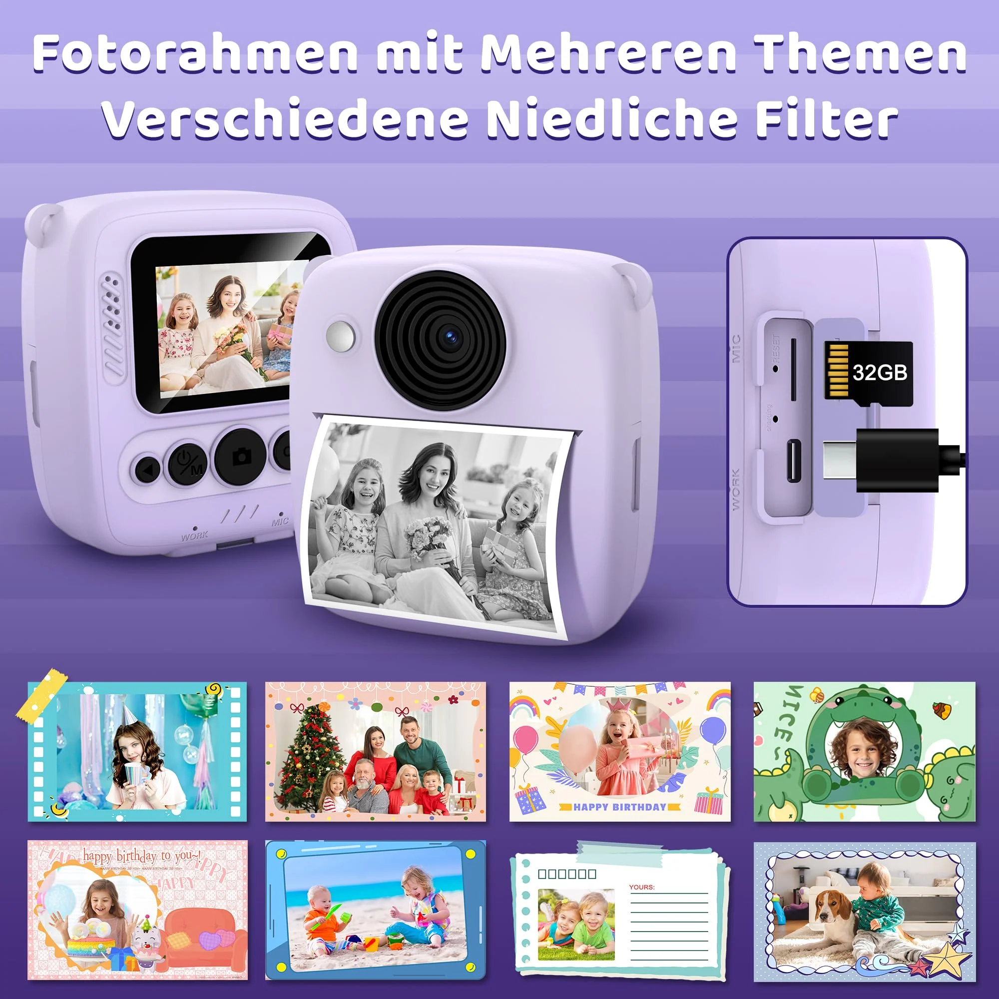 Kinderkamera Sofortbildkamera, Kinder Kamera mit 32GB Karte & 4 Bände Druckpapier, 48MP Sofortbildkamera Kinder mit 1080P Digitalkamera für Kinder, Geschenke für Mädchen und Jungen von 3 bis 12 Jahre - Image 3