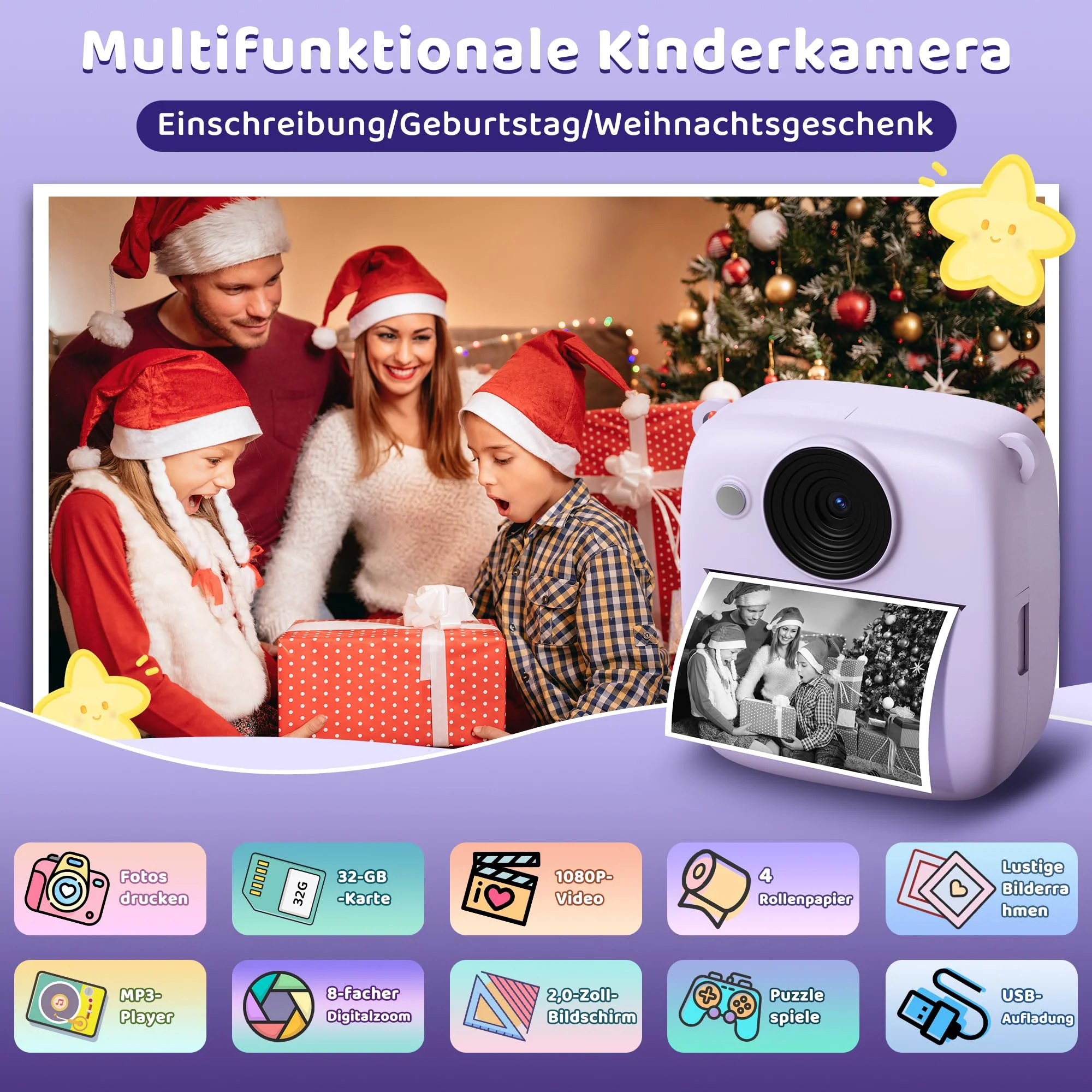 Kinderkamera Sofortbildkamera, Kinder Kamera mit 32GB Karte & 4 Bände Druckpapier, 48MP Sofortbildkamera Kinder mit 1080P Digitalkamera für Kinder, Geschenke für Mädchen und Jungen von 3 bis 12 Jahre - Image 4